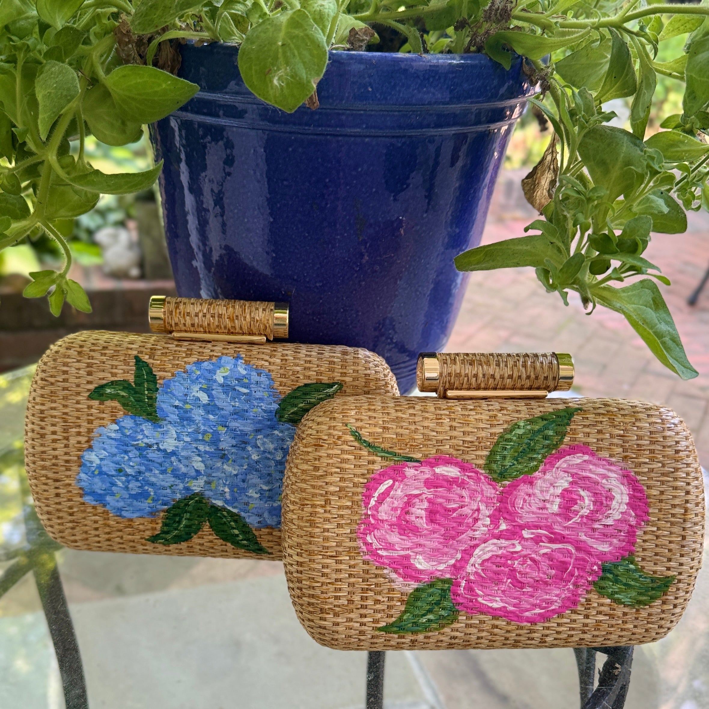 Hand Painted Floral Rattan Clutch