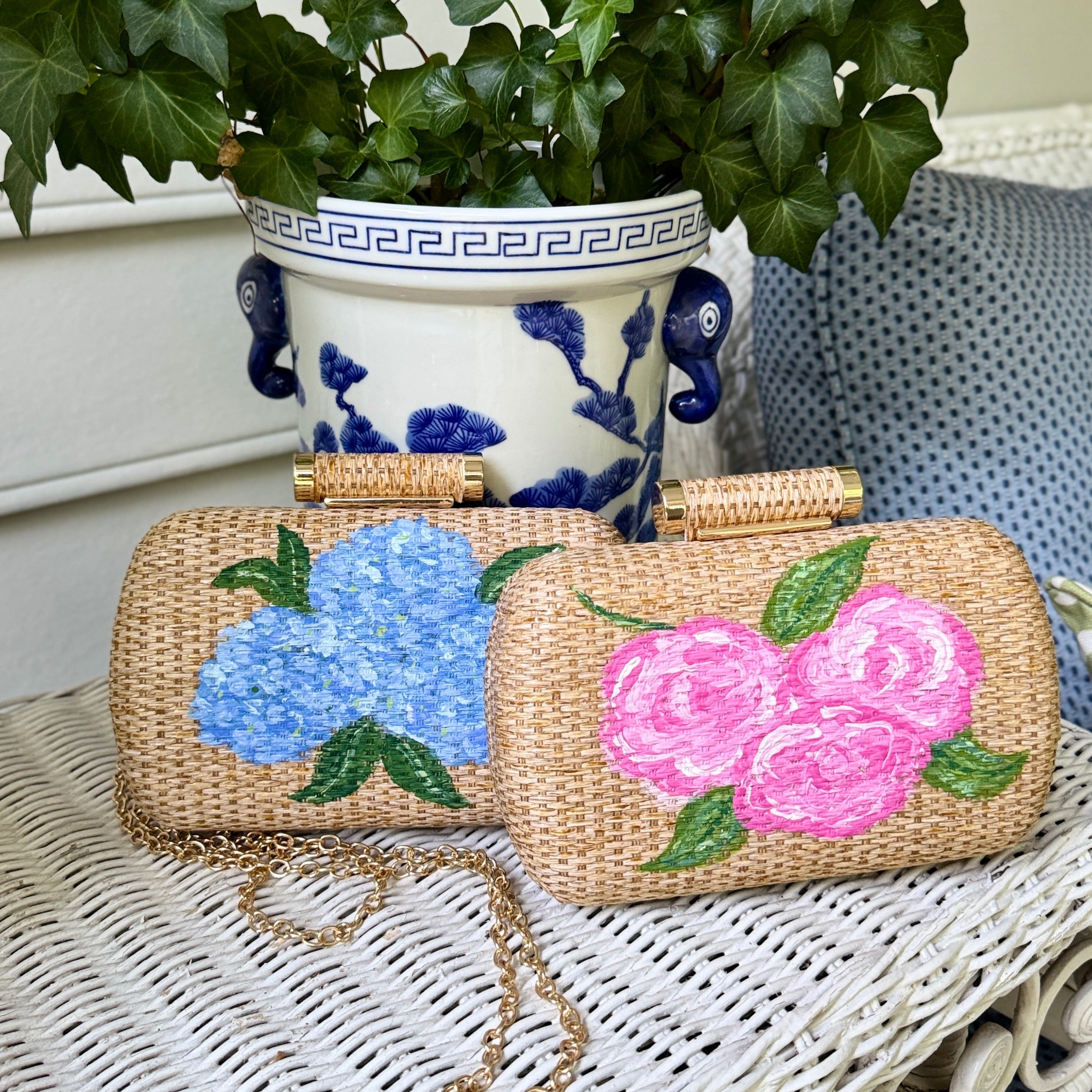 Hand Painted Floral Rattan Clutch