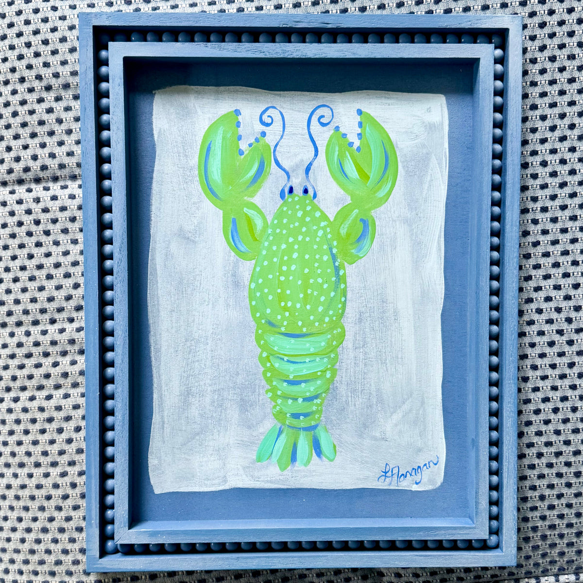 Green Lobster & Crab Coastal Art on Blue Beaded Wood Frame