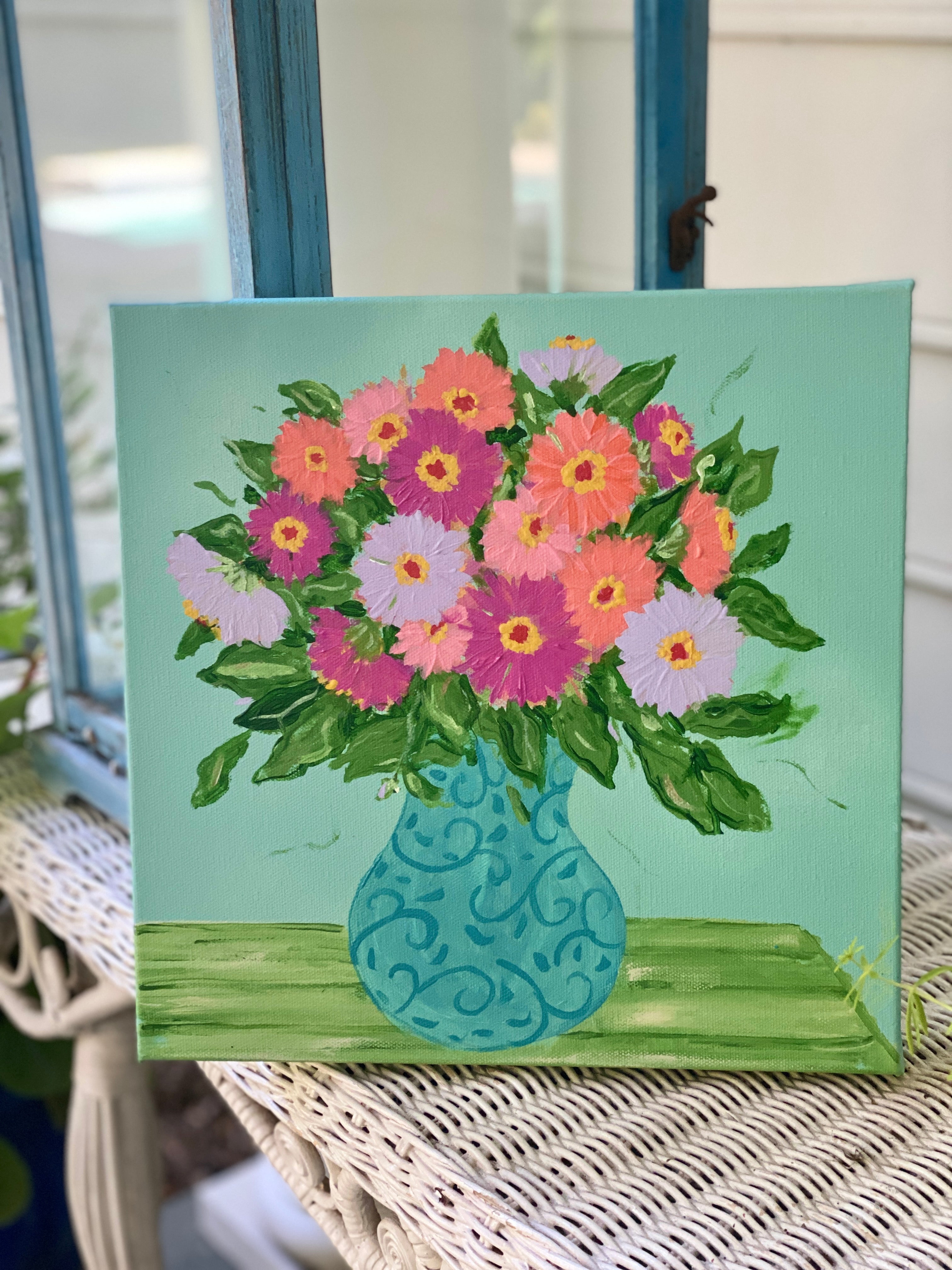 Turquoise Vase of Summer Zinnias Original Art