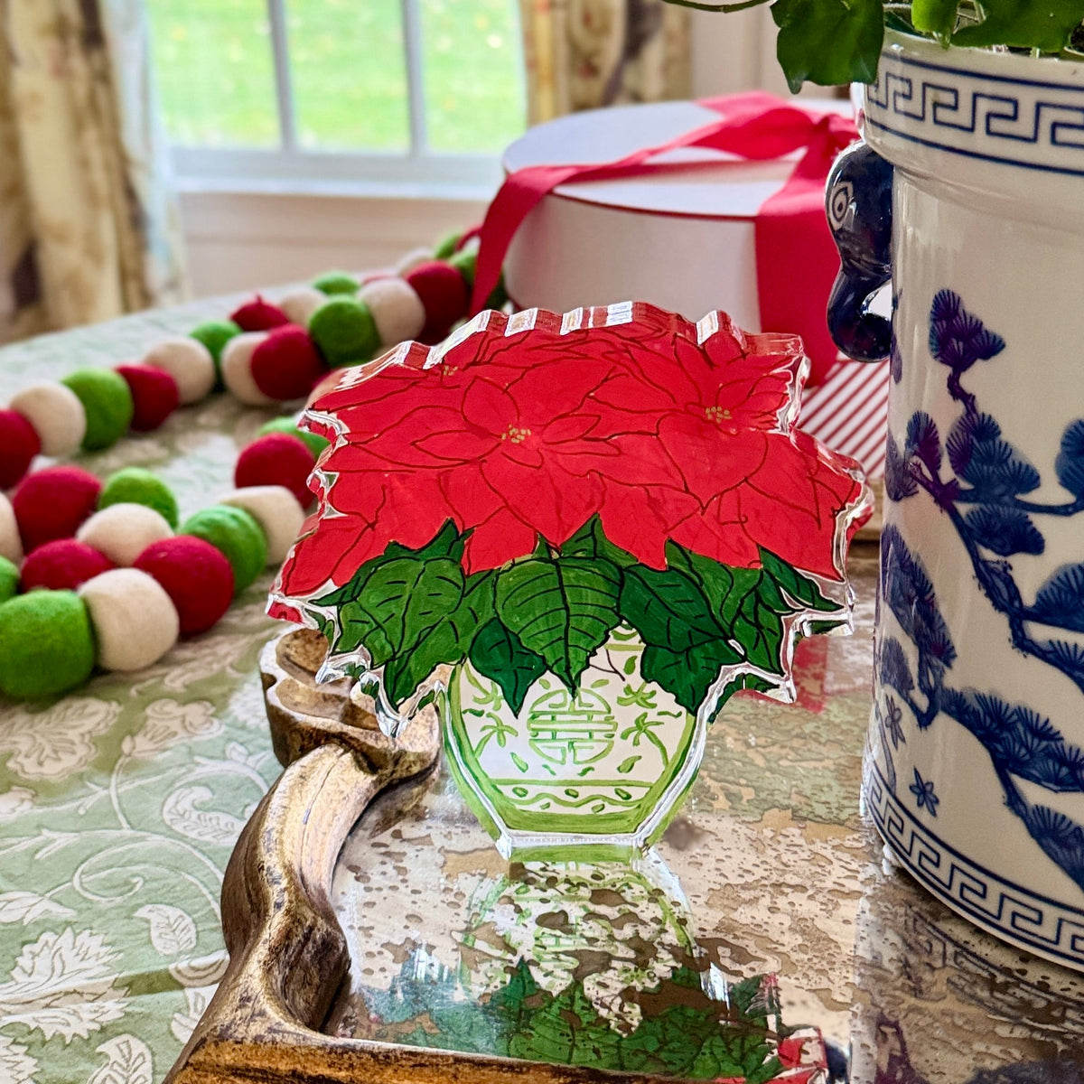 Acrylic Block Chinoiserie Christmas Poinsettia