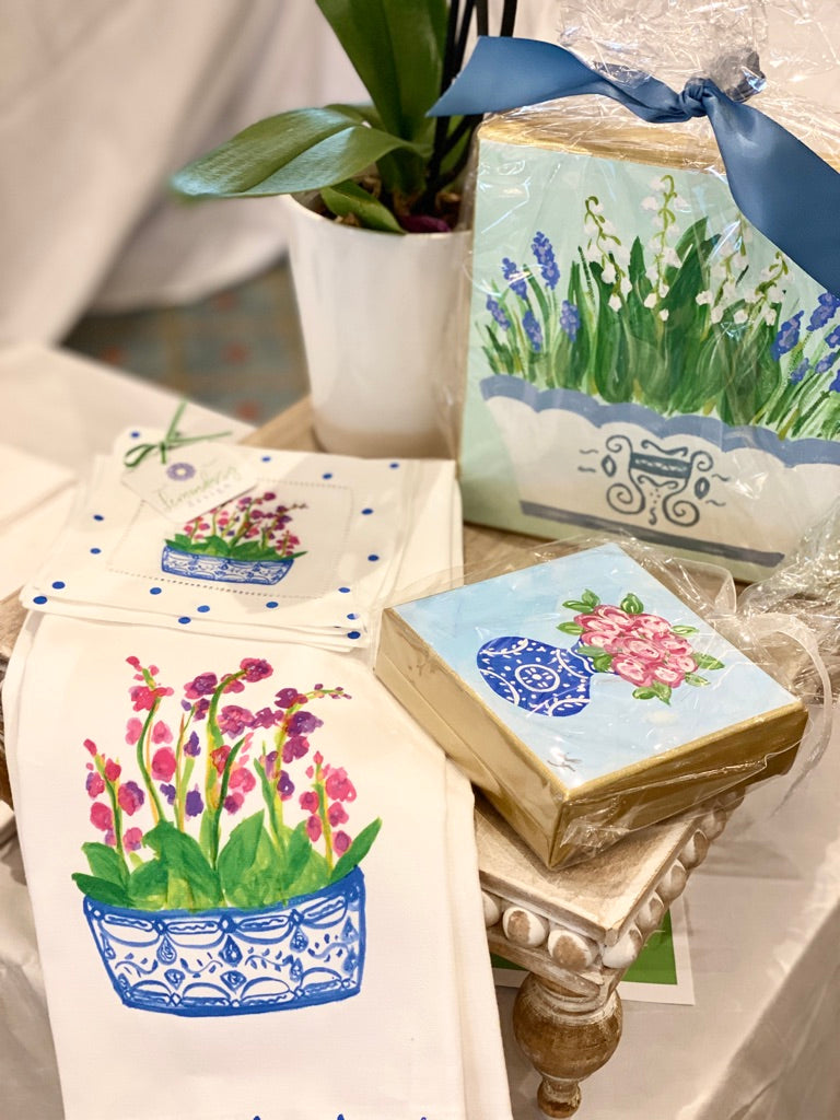 Orchids in Blue Chinoiserie Planter Tea Towel