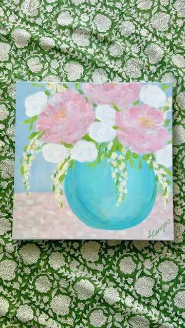 Floral Art Pink Peonies in Turquoise Vase