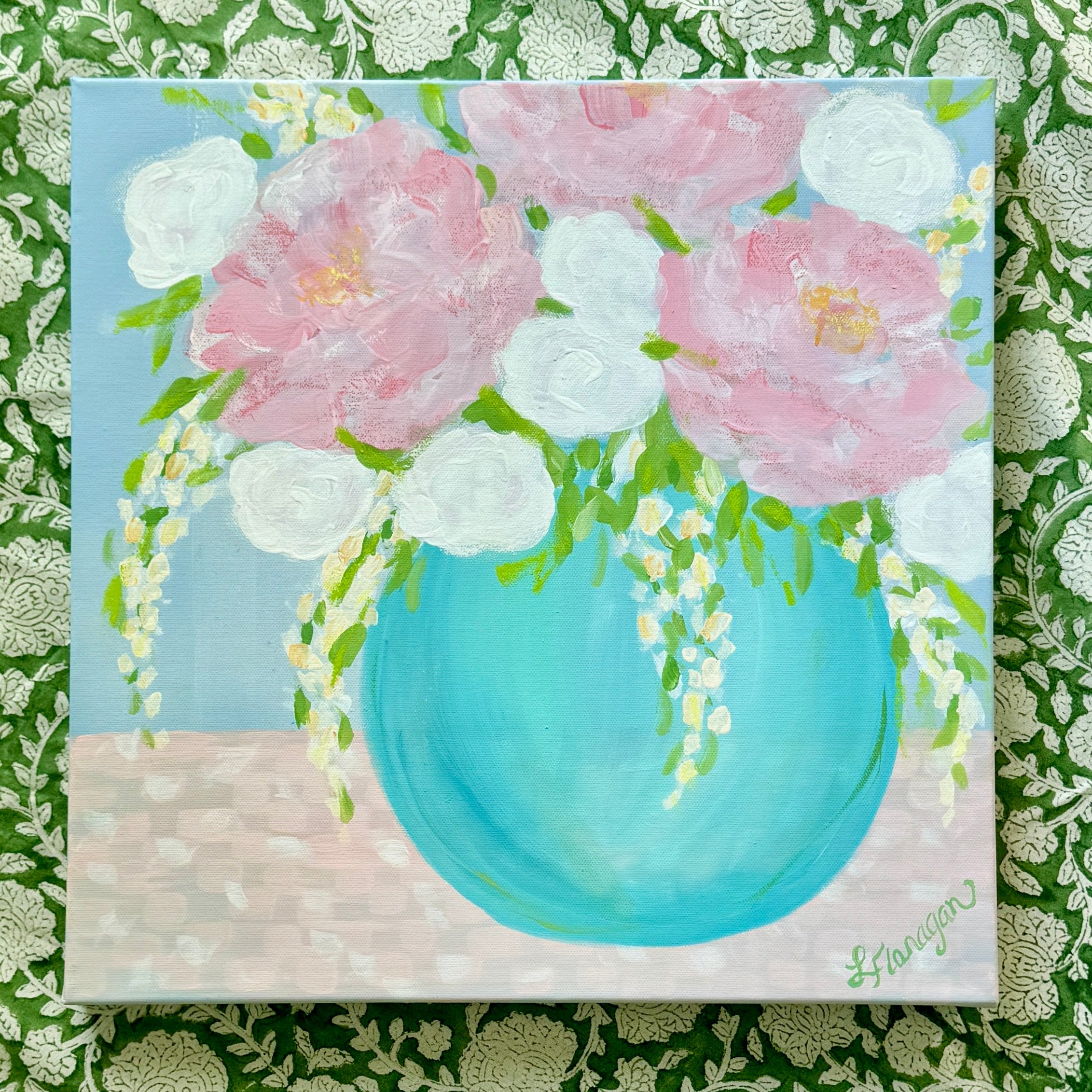 Floral Art Pink Peonies in Turquoise Vase
