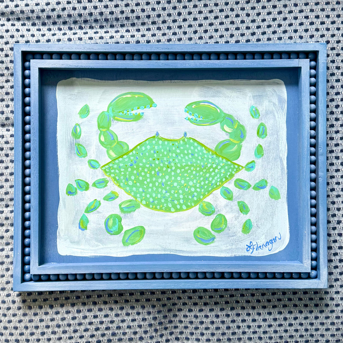 Green Lobster & Crab Coastal Art on Blue Beaded Wood Frame