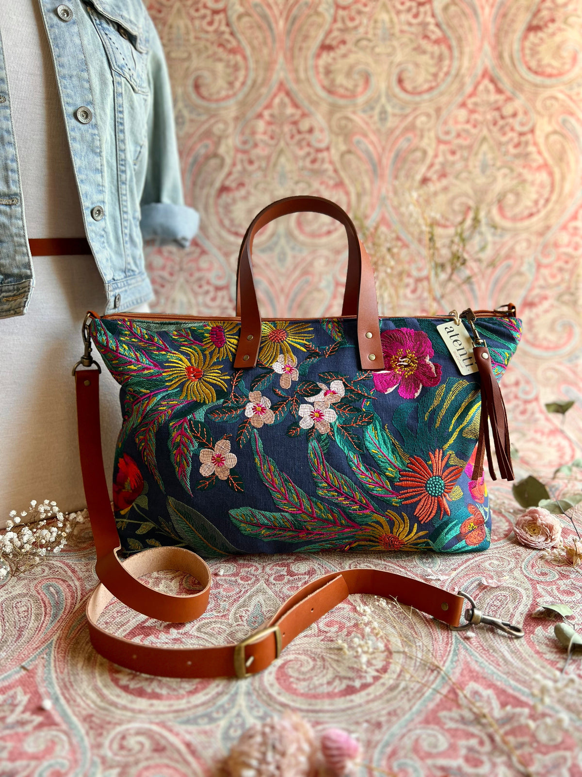 Flora Buddy Bag – Atenti USA Handmade, Embroidered Floral Carryall Leather Handle & Crossbody Strap Bag