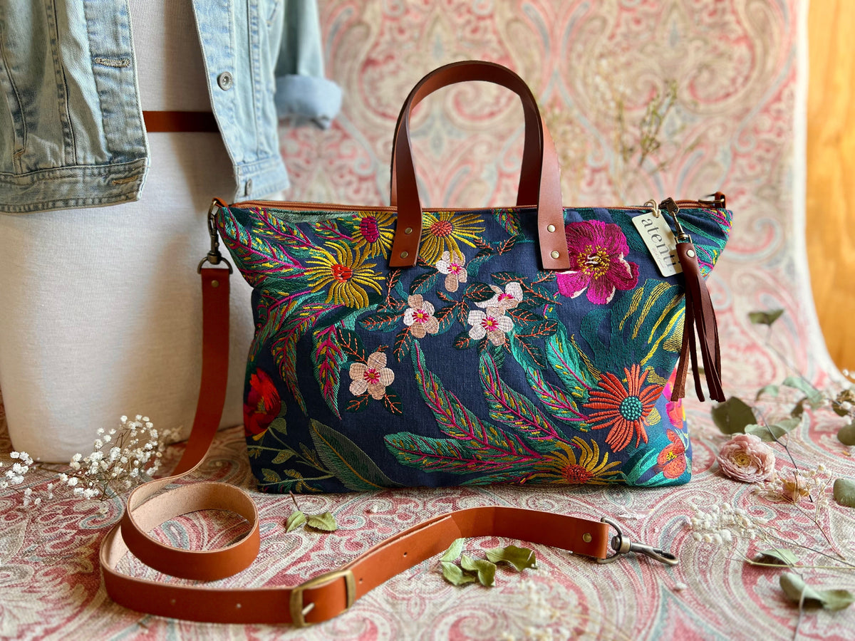 Flora Buddy Bag – Atenti USA Handmade, Embroidered Floral Carryall Leather Handle & Crossbody Strap Bag