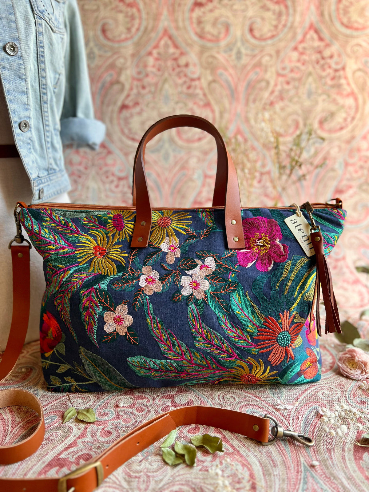 Flora Buddy Bag – Atenti USA Handmade, Embroidered Floral Carryall Leather Handle & Crossbody Strap Bag
