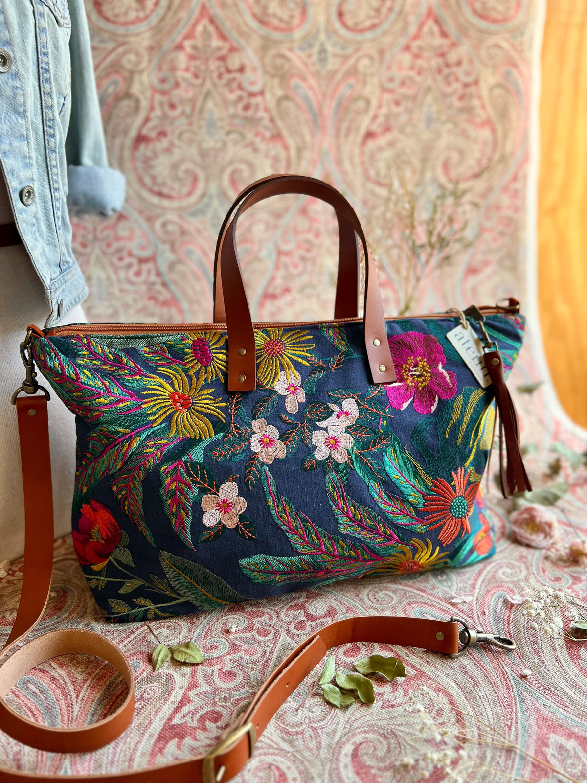 Flora Buddy Bag – Atenti USA Handmade, Embroidered Floral Carryall Leather Handle & Crossbody Strap Bag