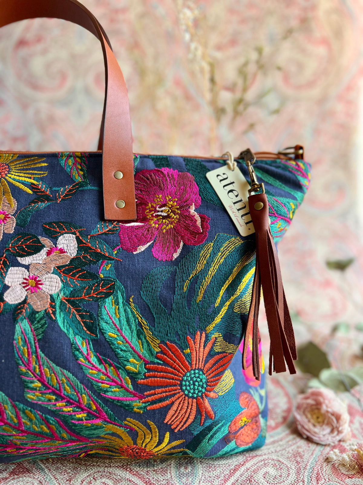 Flora Buddy Bag – Atenti USA Handmade, Embroidered Floral Carryall Leather Handle & Crossbody Strap Bag