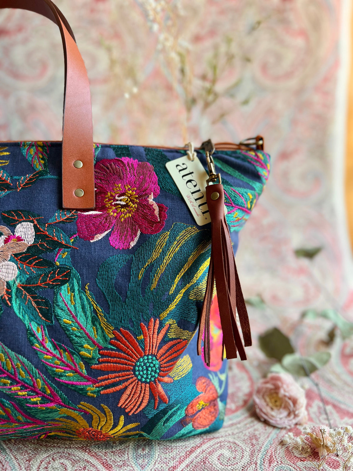 Flora Buddy Bag – Atenti USA Handmade, Embroidered Floral Carryall Leather Handle & Crossbody Strap Bag