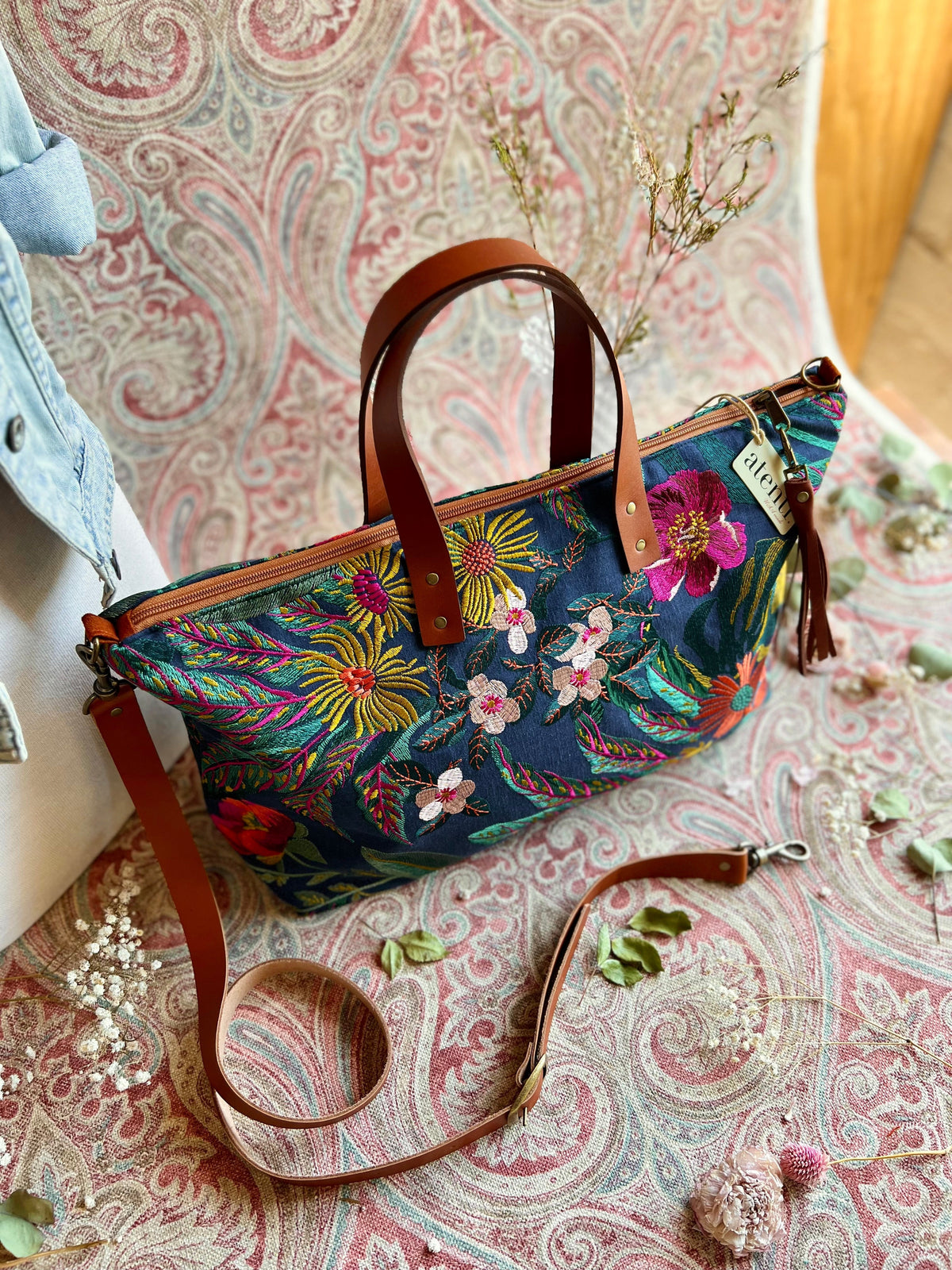 Flora Buddy Bag – Atenti USA Handmade, Embroidered Floral Carryall Leather Handle & Crossbody Strap Bag
