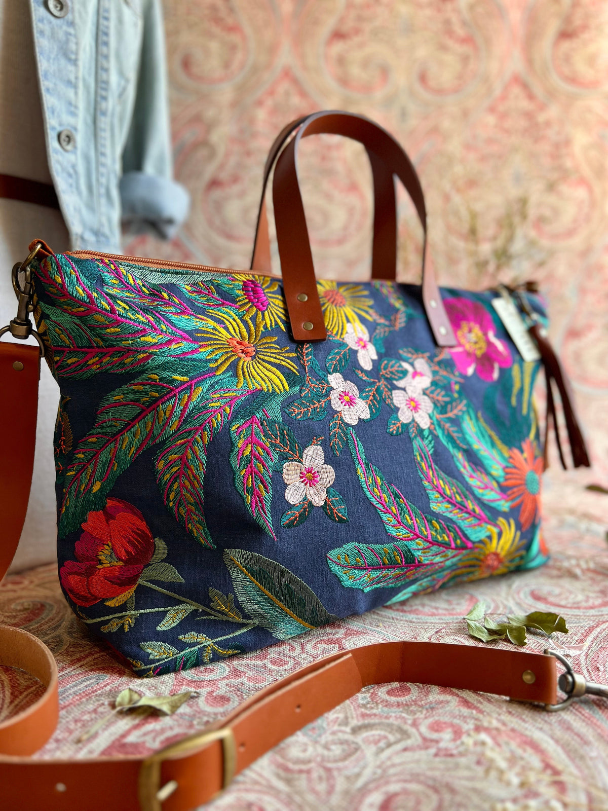 Flora Buddy Bag – Atenti USA Handmade, Embroidered Floral Carryall Leather Handle & Crossbody Strap Bag