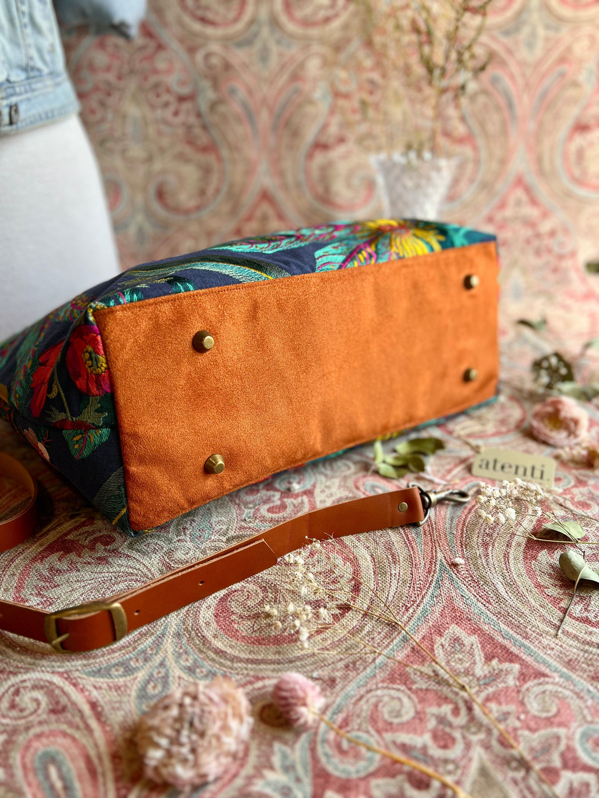 Flora Buddy Bag – Atenti USA Handmade, Embroidered Floral Carryall Leather Handle & Crossbody Strap Bag