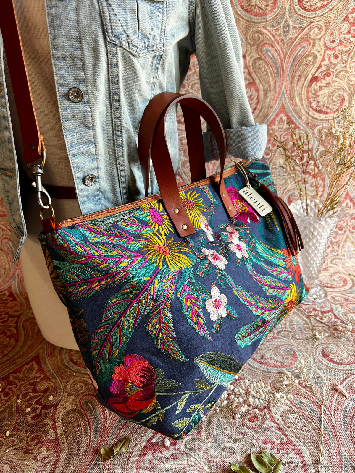 Flora Buddy Bag – Atenti USA Handmade, Embroidered Floral Carryall Leather Handle & Crossbody Strap Bag