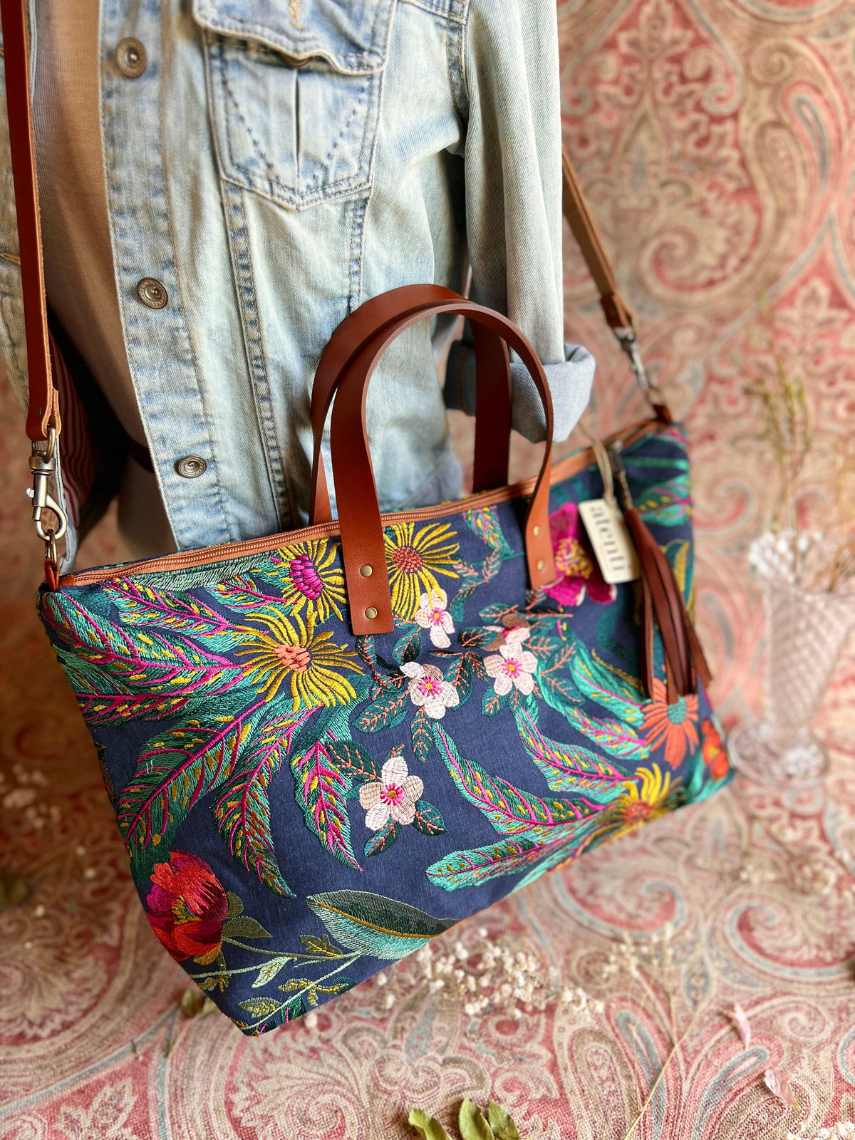 Flora Buddy Bag – Atenti USA Handmade, Embroidered Floral Carryall Leather Handle & Crossbody Strap Bag