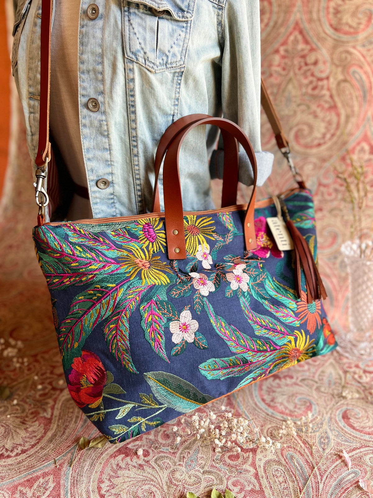 Flora Buddy Bag – Atenti USA Handmade, Embroidered Floral Carryall Leather Handle & Crossbody Strap Bag