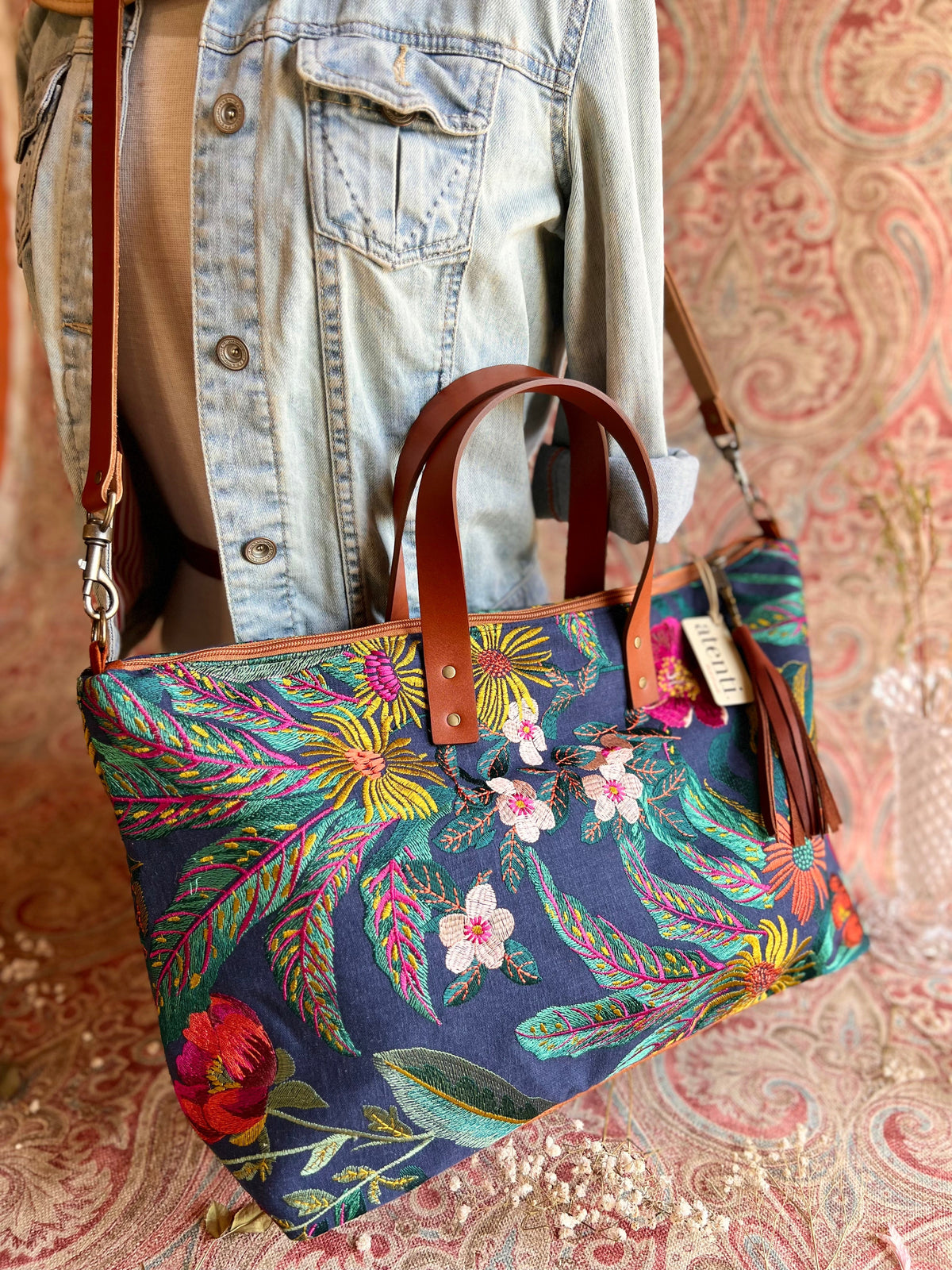 Flora Buddy Bag – Atenti USA Handmade, Embroidered Floral Carryall Leather Handle & Crossbody Strap Bag