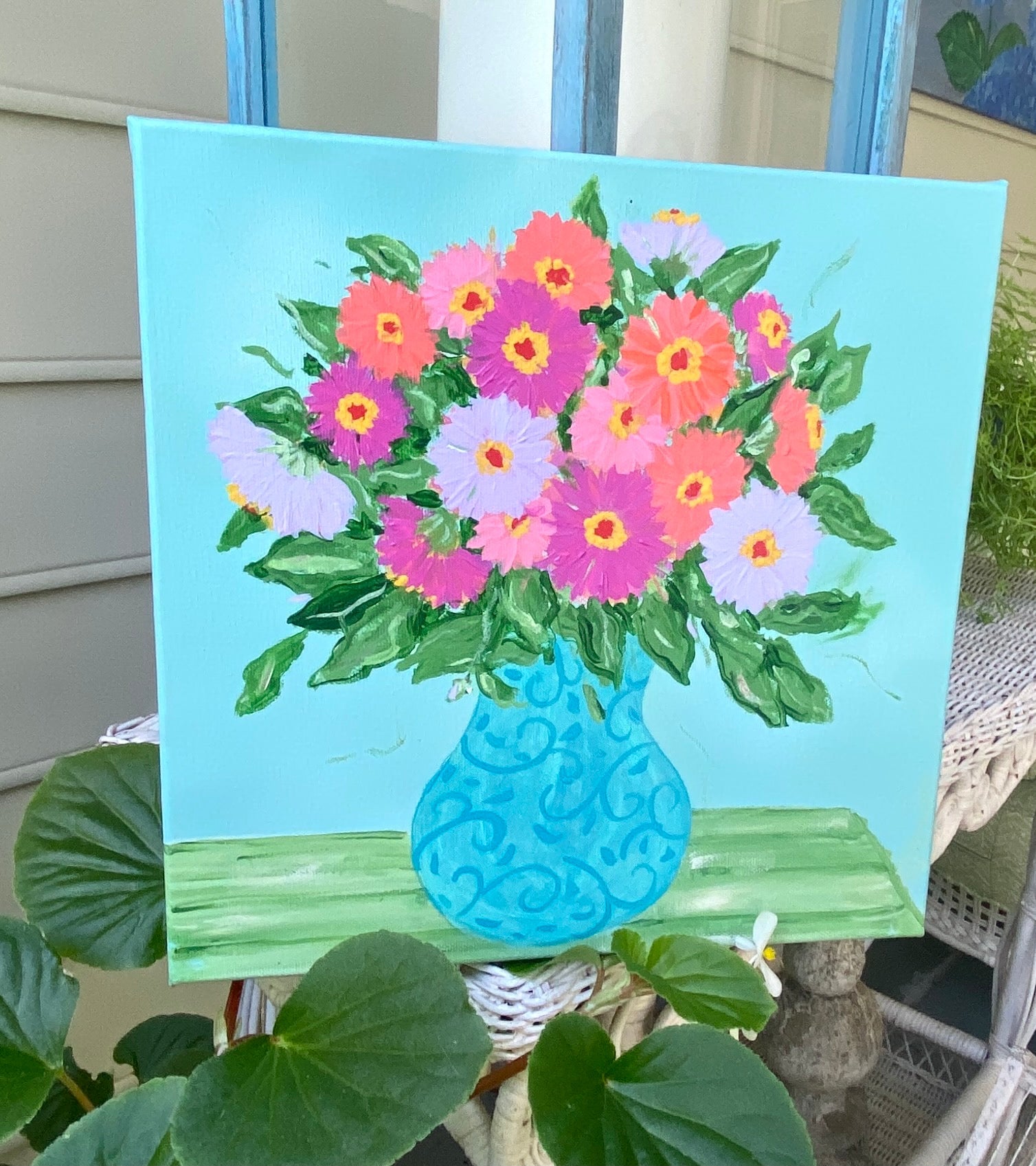 Turquoise Vase of Summer Zinnias Original Art