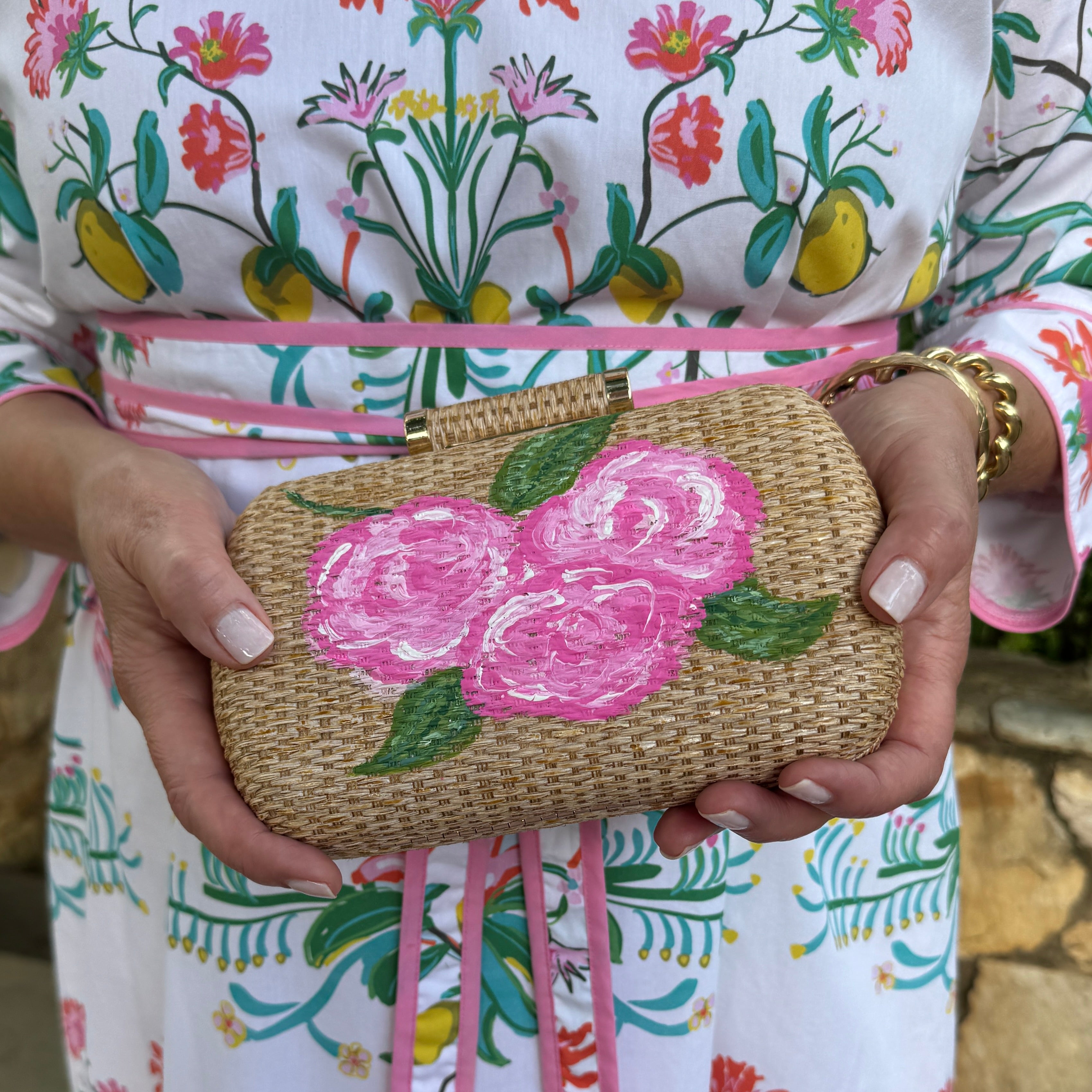 Hand Painted Floral Rattan Clutch