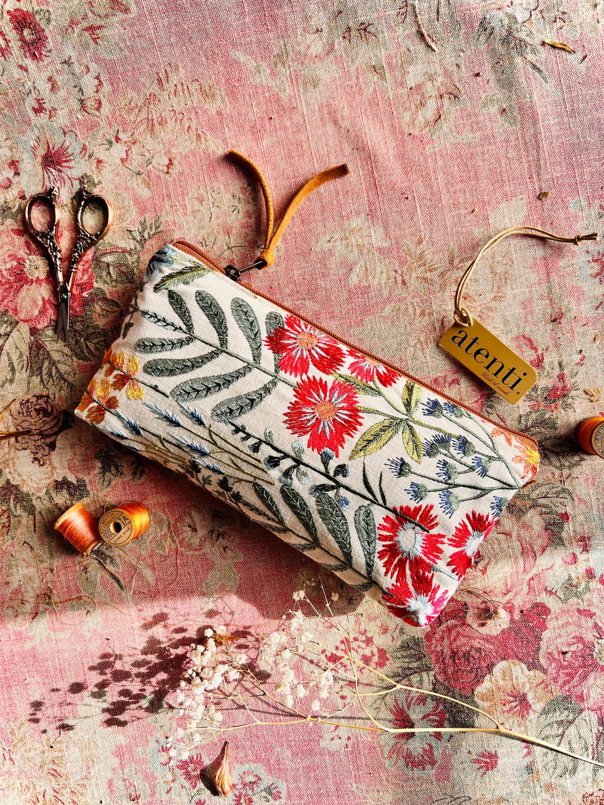 Wildflower Tall Tool Pouch - Atenti USA Made Embroidered Floral Zipper Accessory Bag Organizer