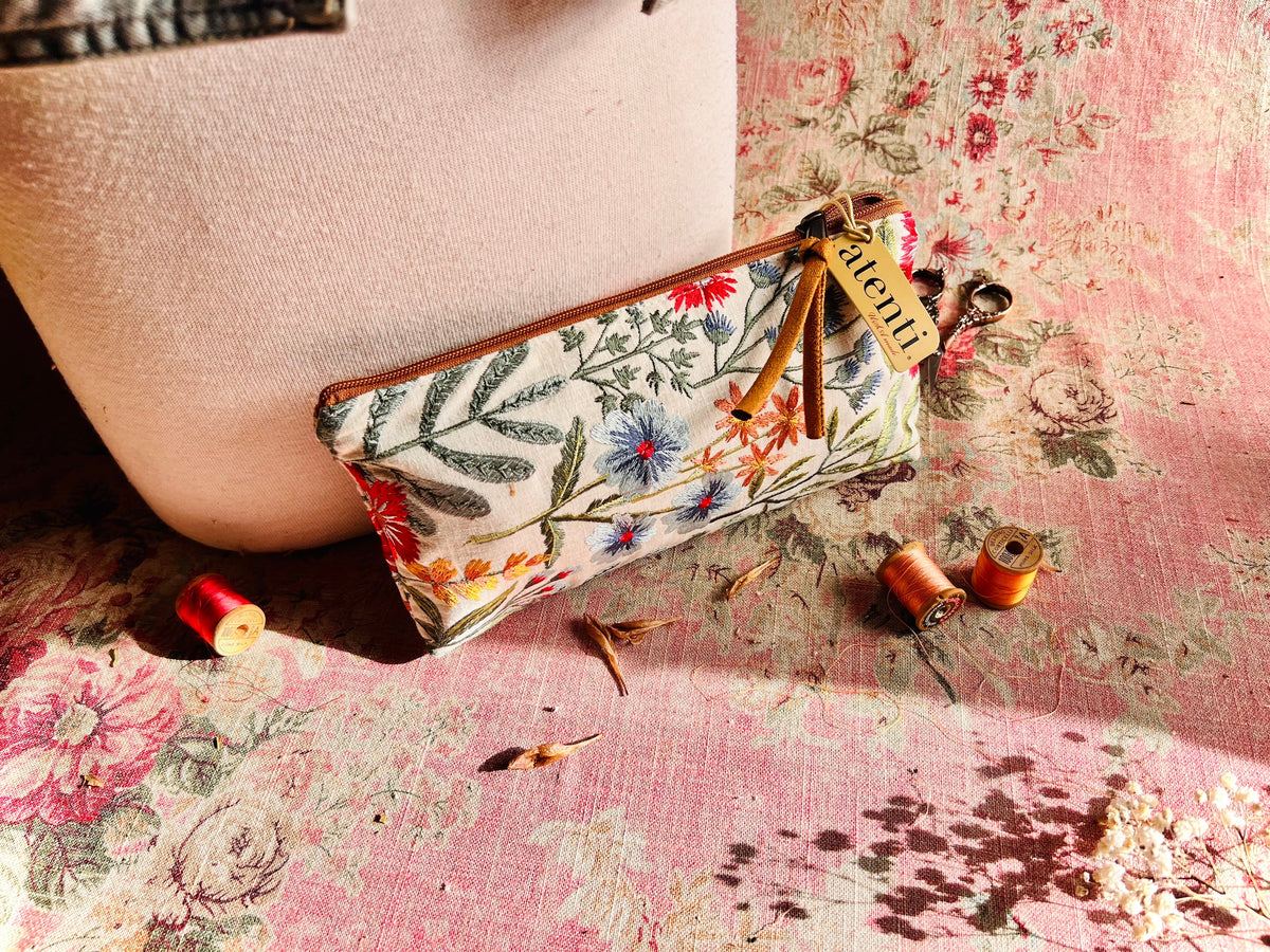 Wildflower Tall Tool Pouch - Atenti USA Made Embroidered Floral Zipper Accessory Bag Organizer