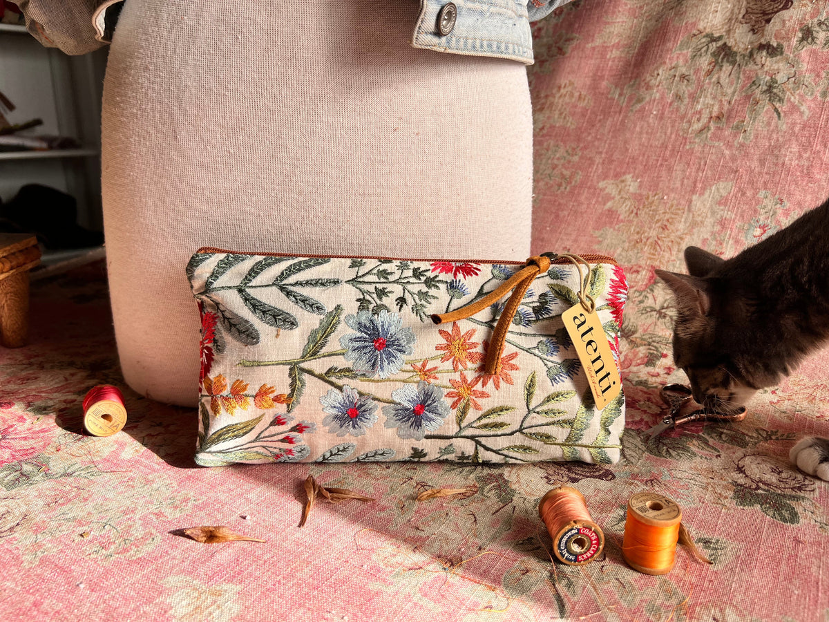 Wildflower Tall Tool Pouch - Atenti USA Made Embroidered Floral Zipper Accessory Bag Organizer