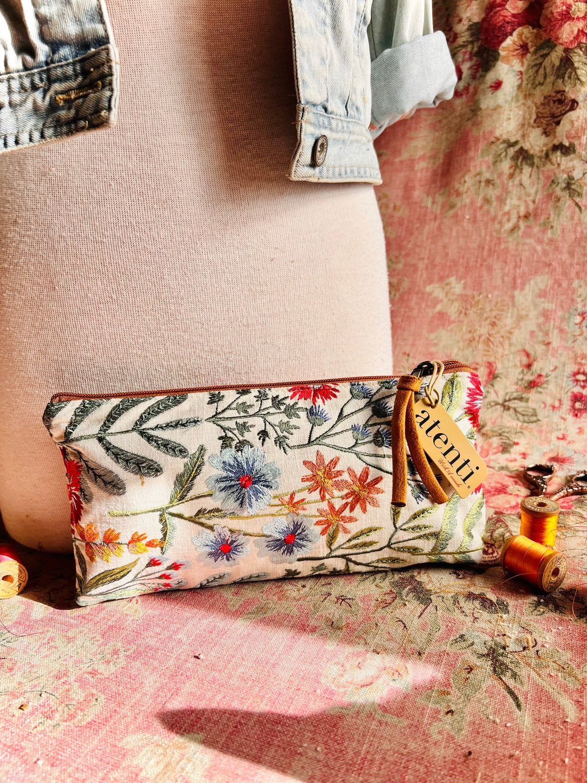 Wildflower Tall Tool Pouch - Atenti USA Made Embroidered Floral Zipper Accessory Bag Organizer