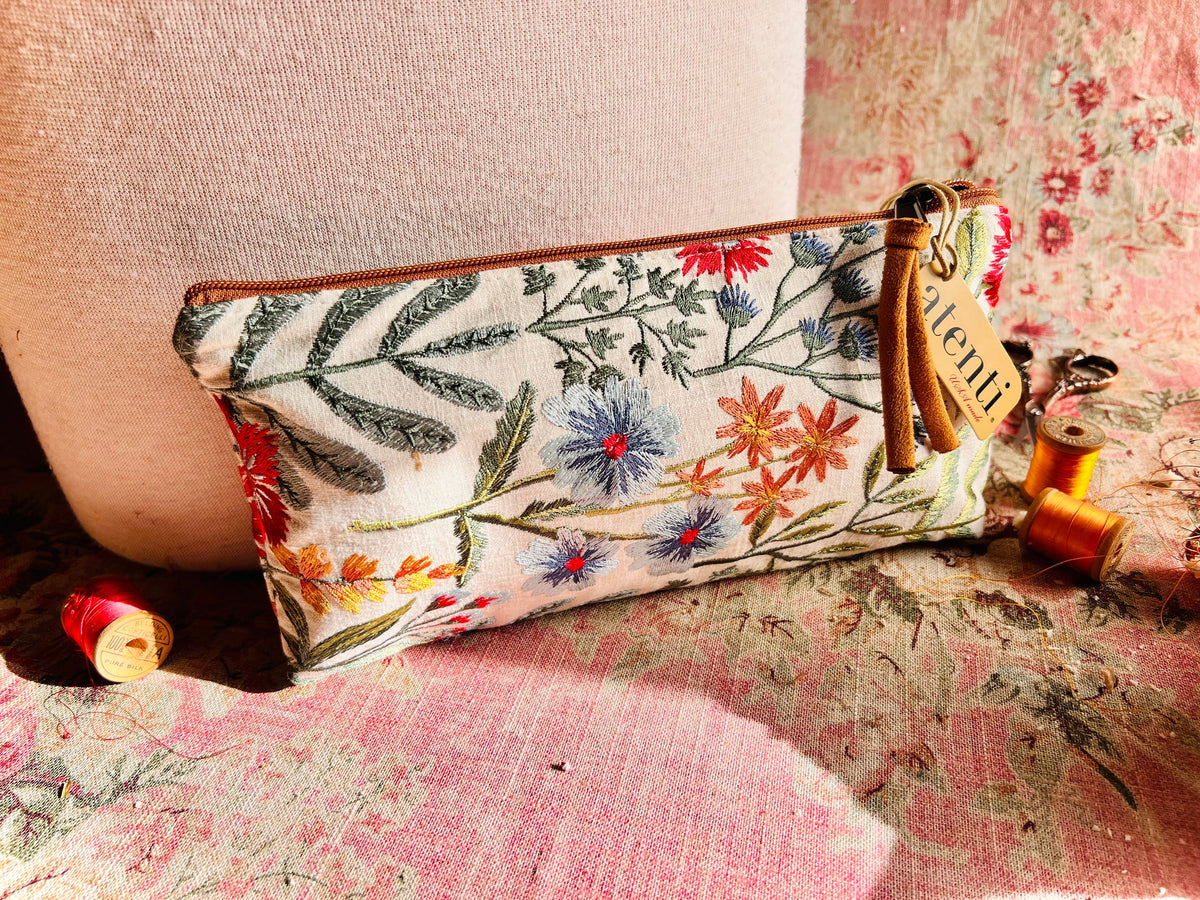 Wildflower Tall Tool Pouch - Atenti USA Made Embroidered Floral Zipper Accessory Bag Organizer
