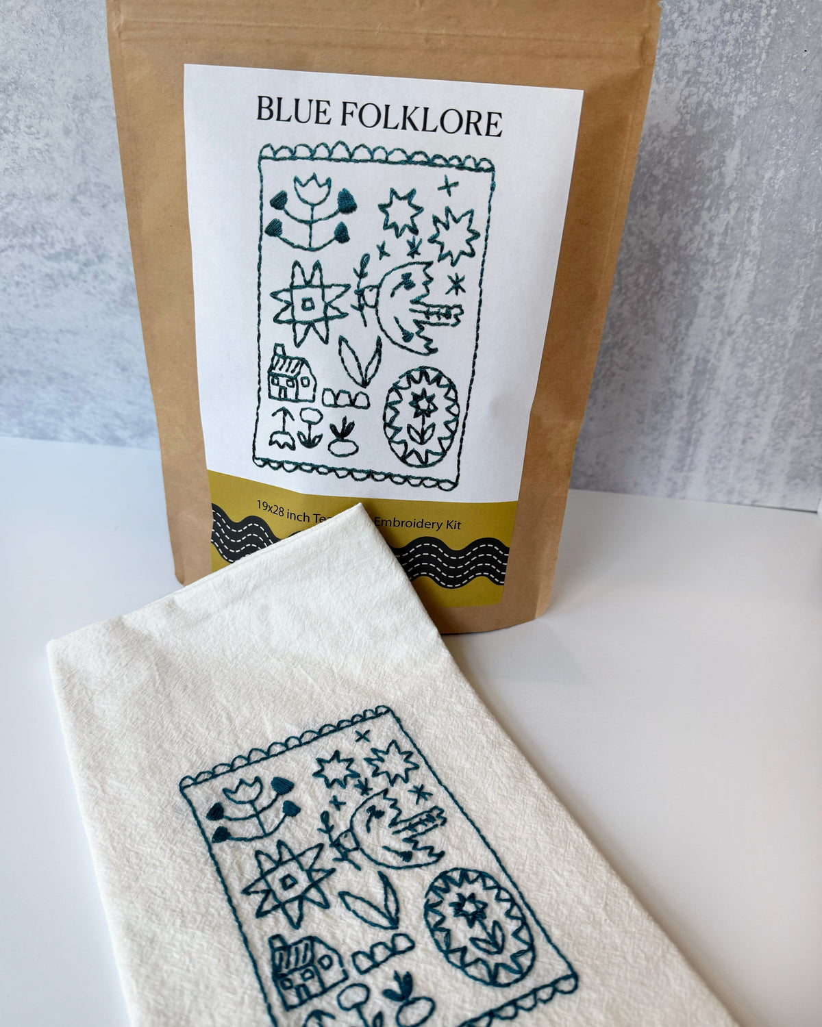 Blue Folklore Tea Towel Embroidery Kit