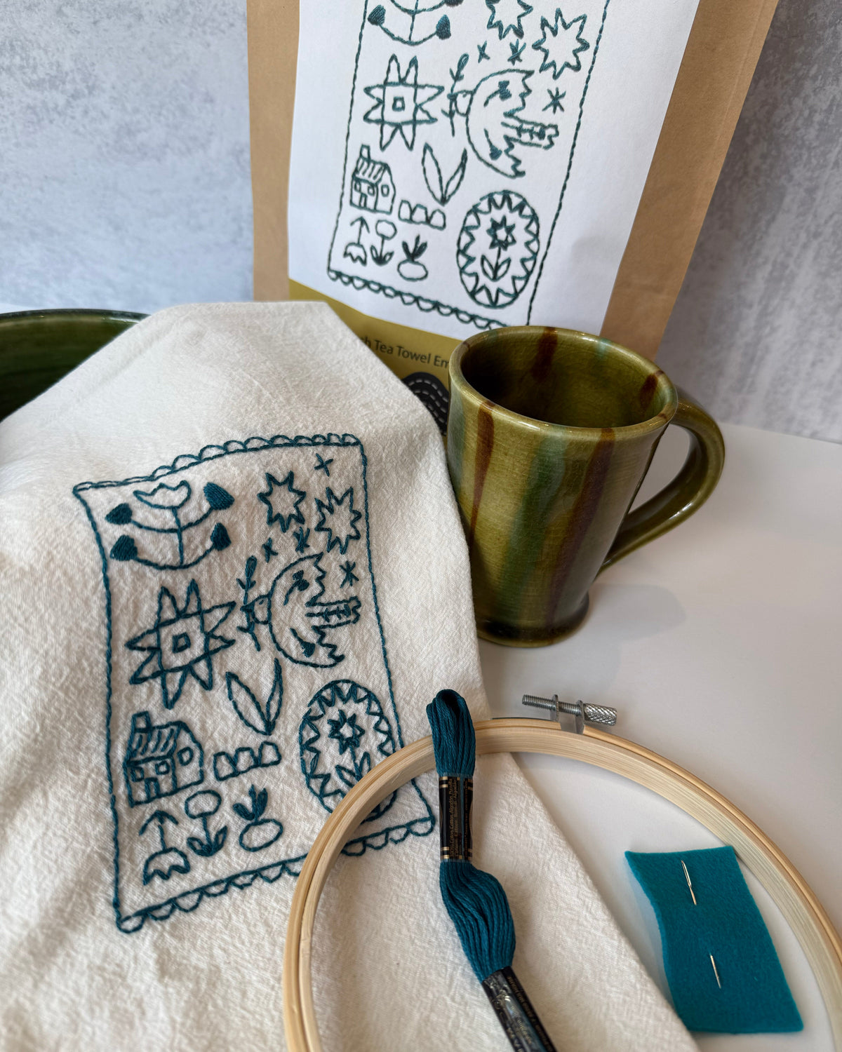 Blue Folklore Tea Towel Embroidery Kit