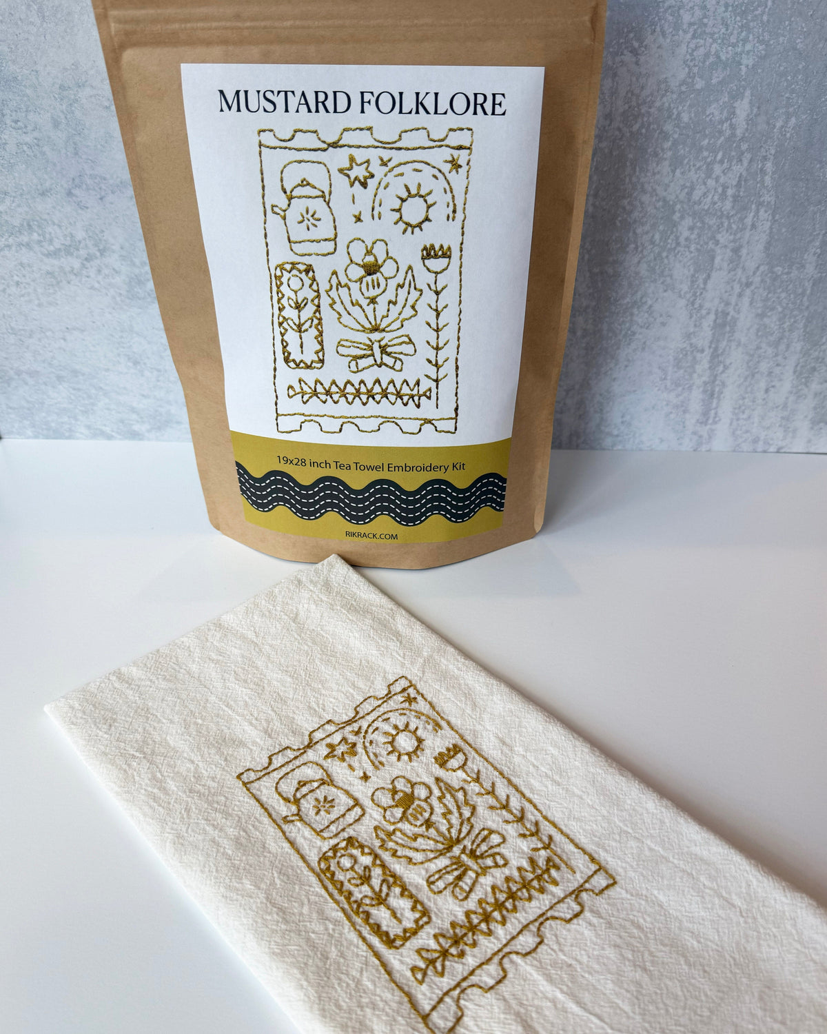 Mustard Folklore Tea Towel Embroidery Kit