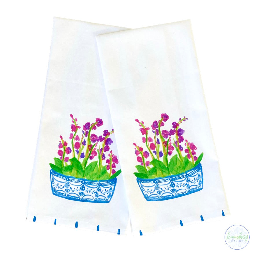 Orchids in  Blue Chinoiserie Planter Tea Towel