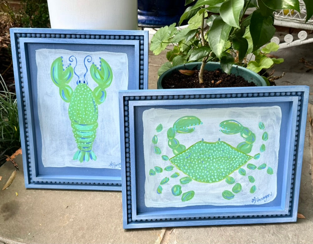 Green Lobster & Crab Coastal Art on Blue Beaded Wood Frame
