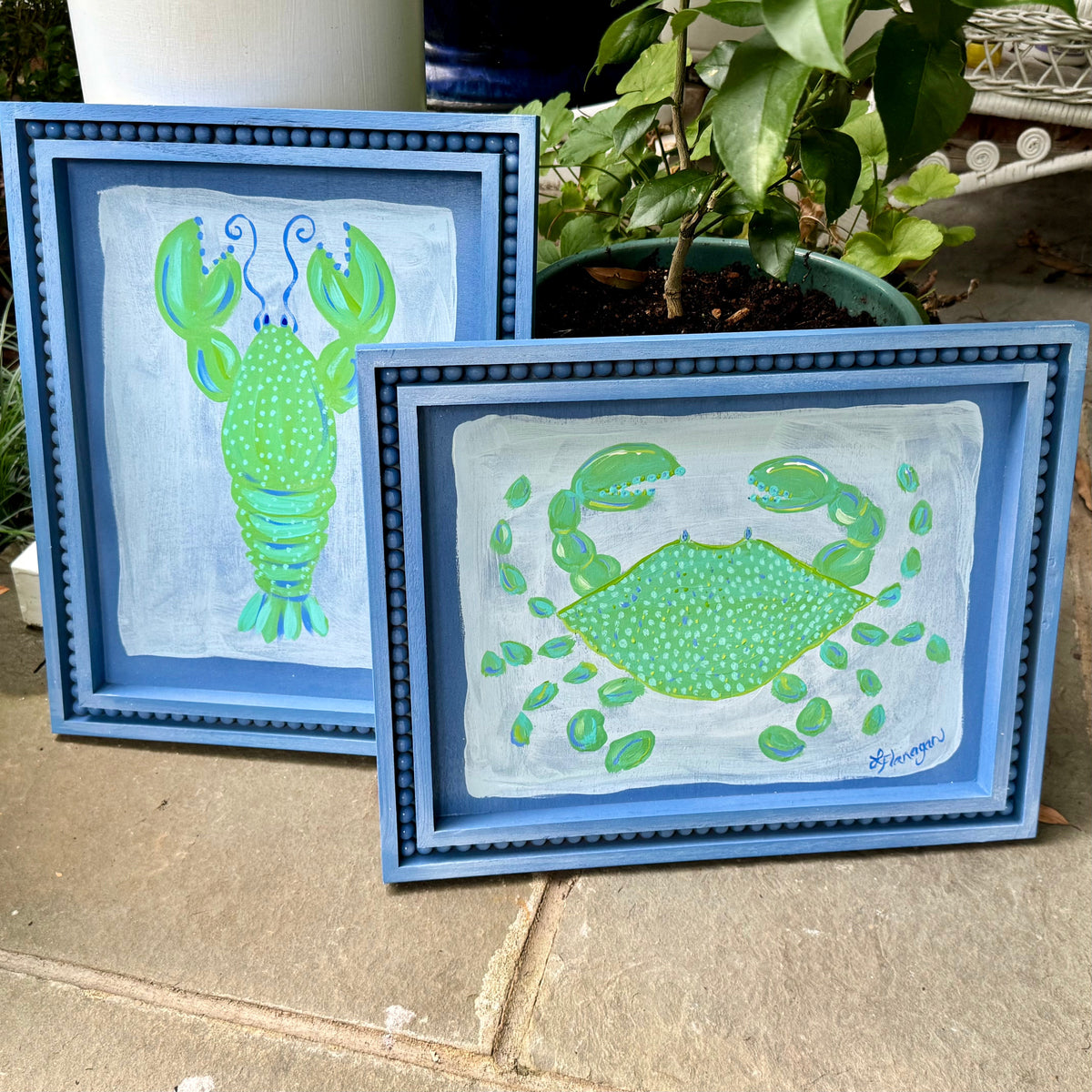 Green Lobster & Crab Coastal Art on Blue Beaded Wood Frame