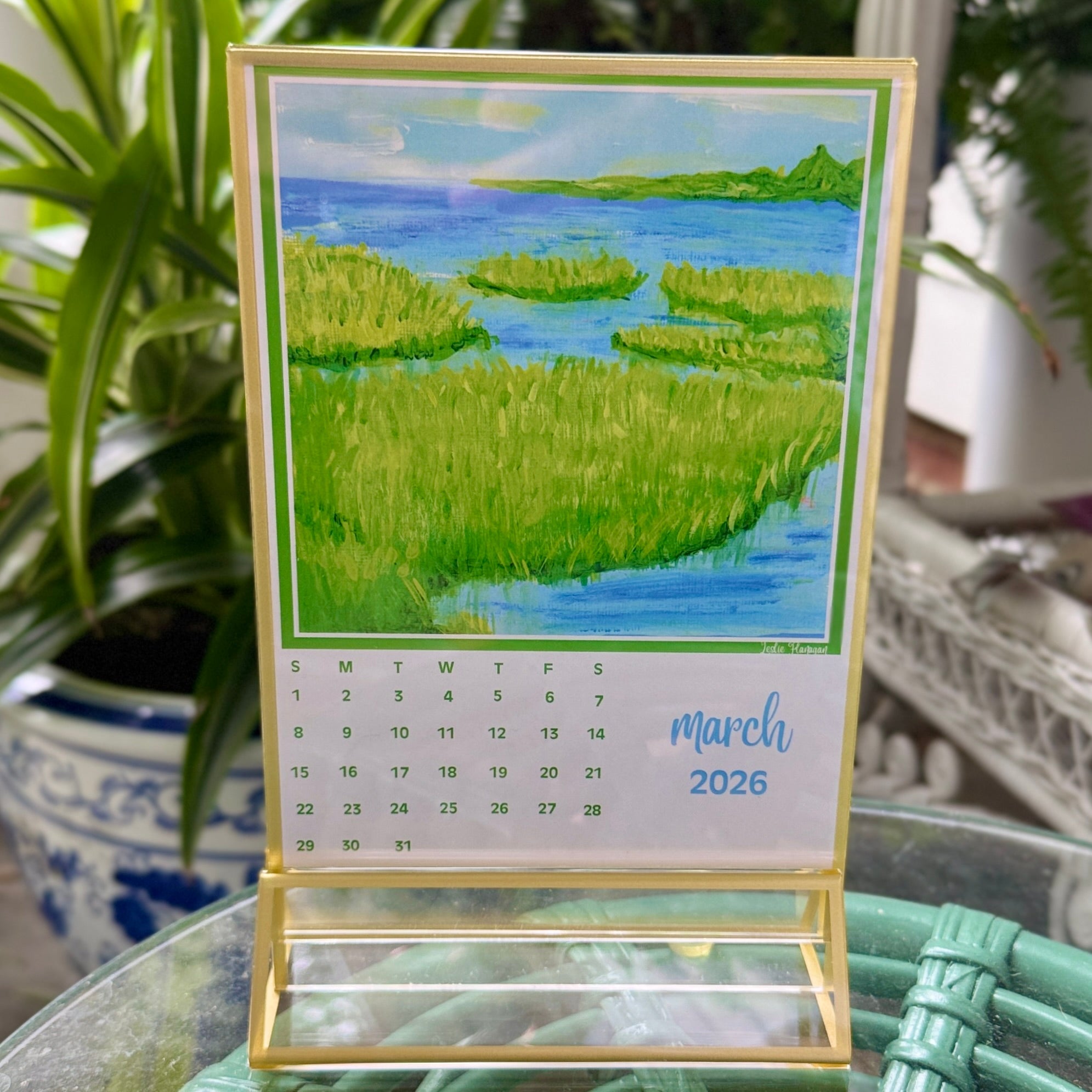 2026 Coastal Calendar with Gold Rim Acrylic Frame
