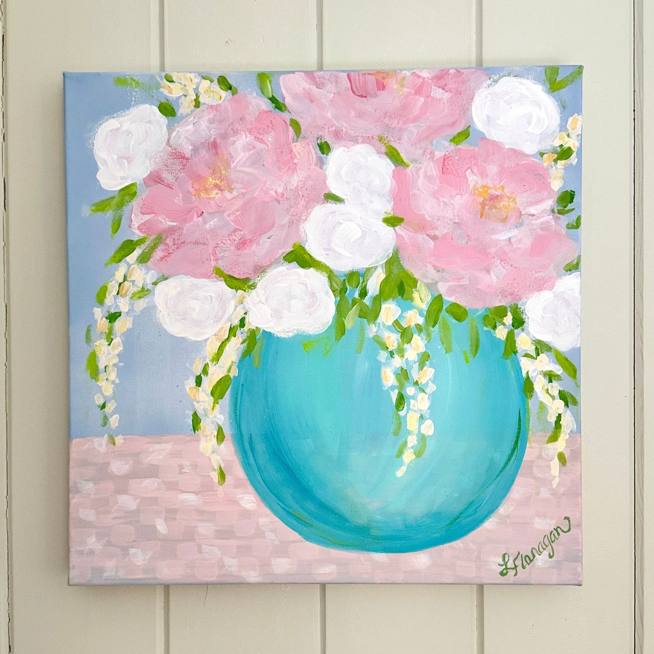 Floral Art Pink Peonies in Turquoise Vase