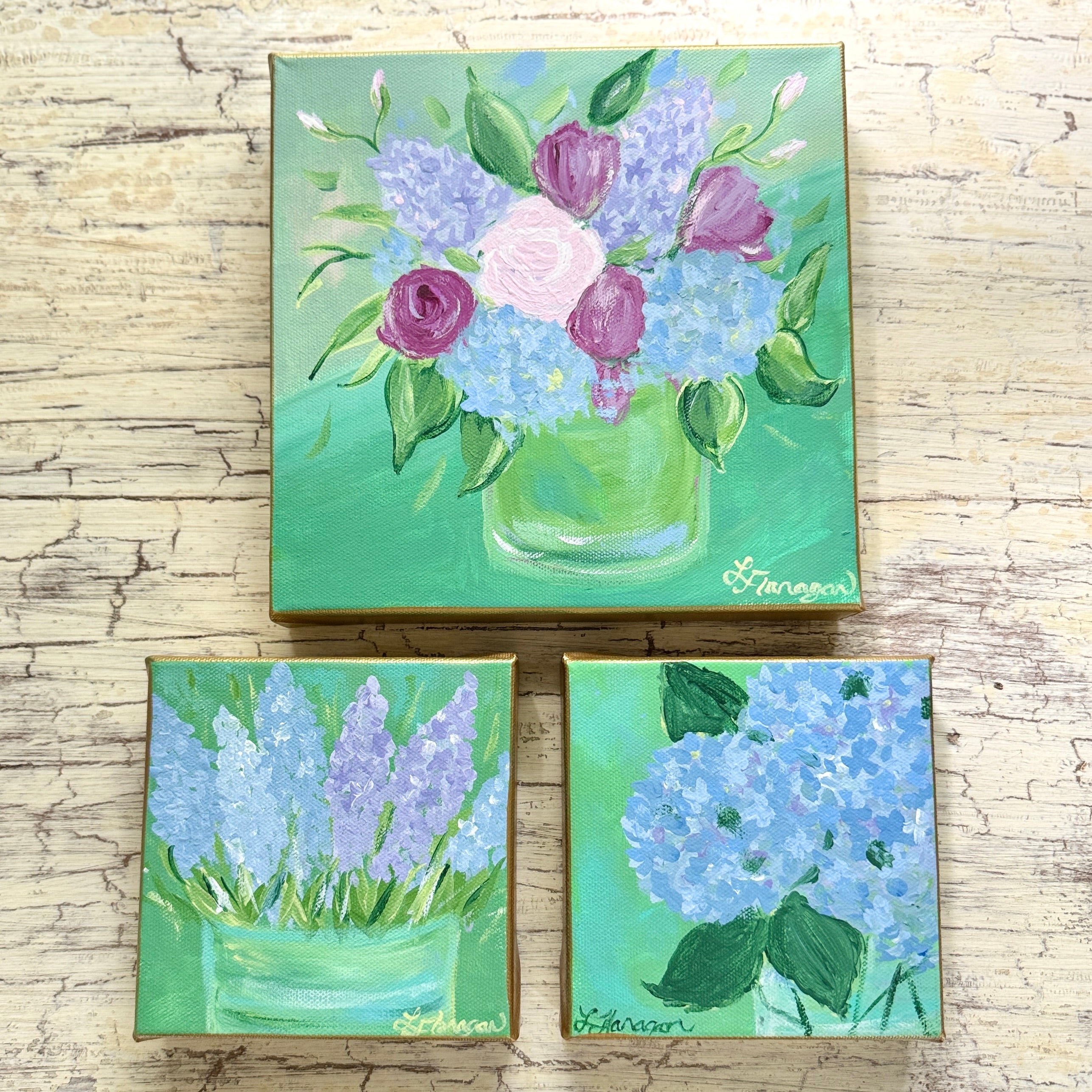 Purple Muscari Spring Flowers in Green Tin Vase