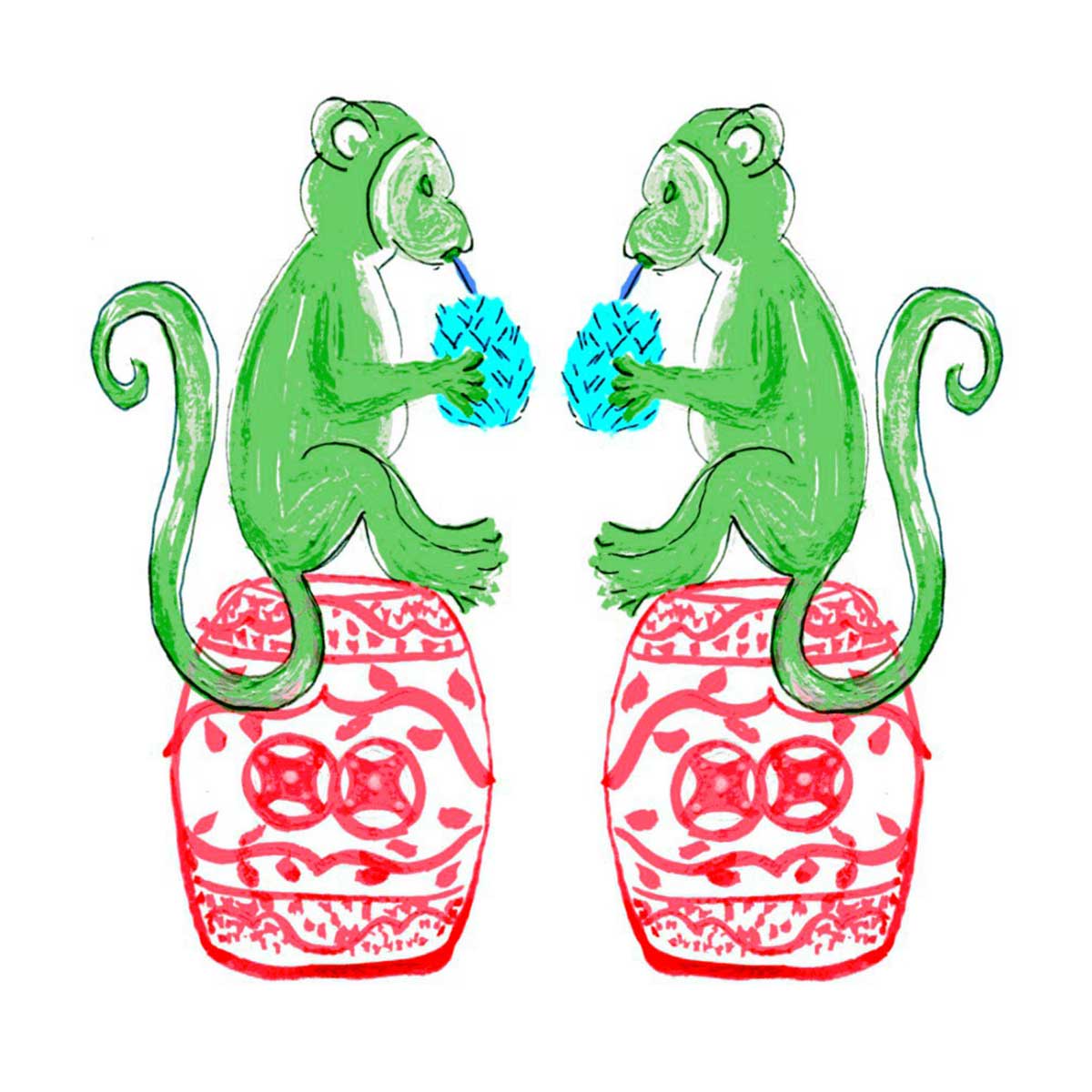 Chinoiserie Monkeys Tea Towel