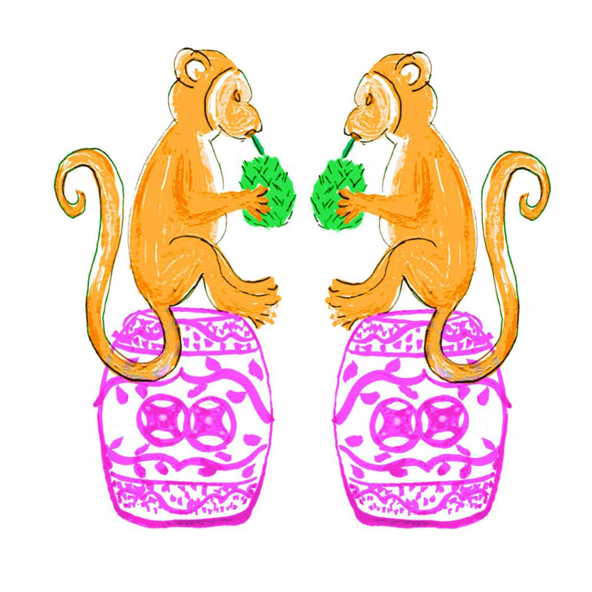 Chinoiserie Monkeys Tea Towel