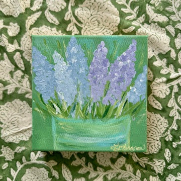 Purple Muscari Spring Flowers in Green Tin Vase
