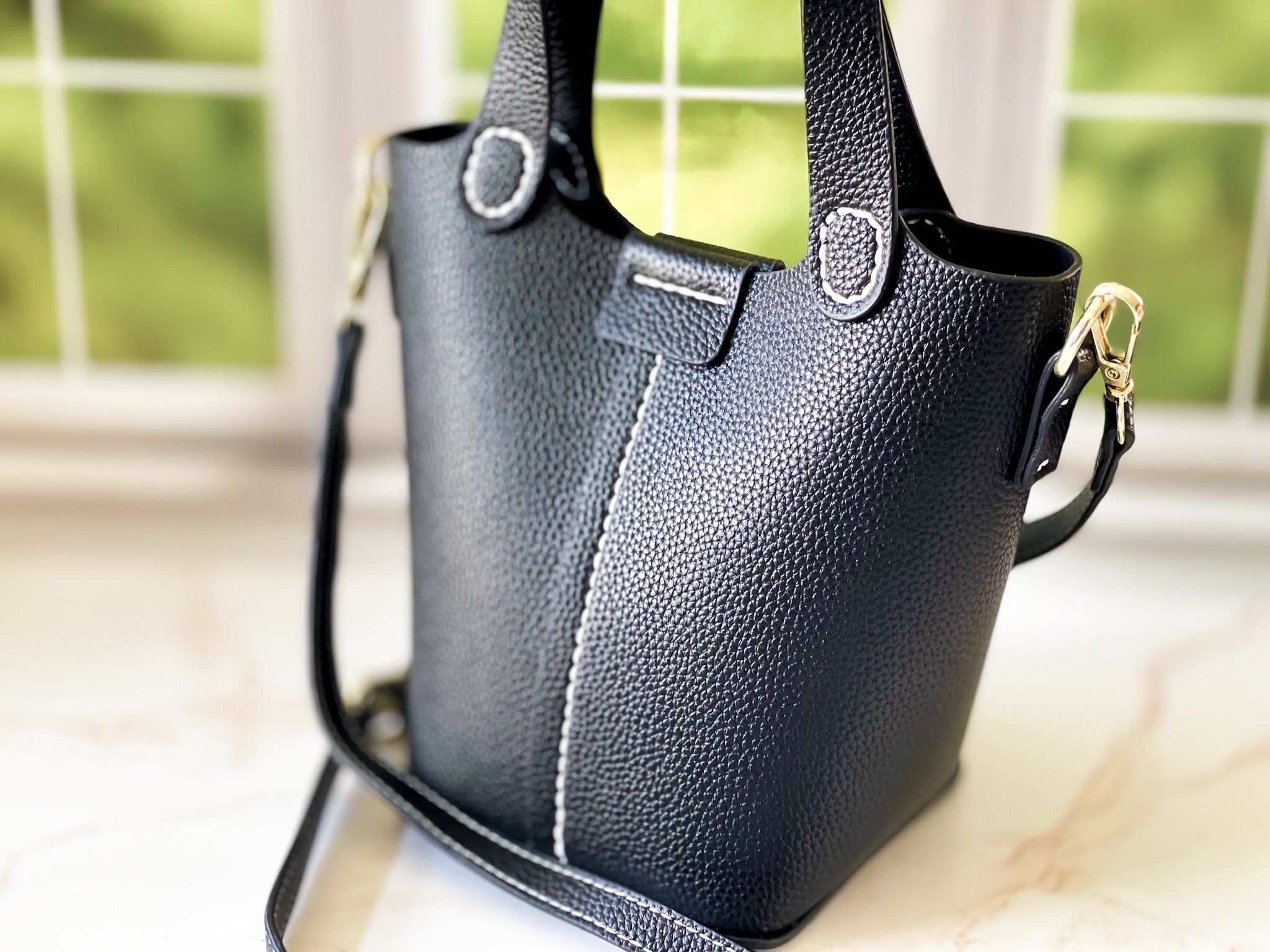 Noir | Black Faux Leather Bucket Bag | The Haute Couture Collection