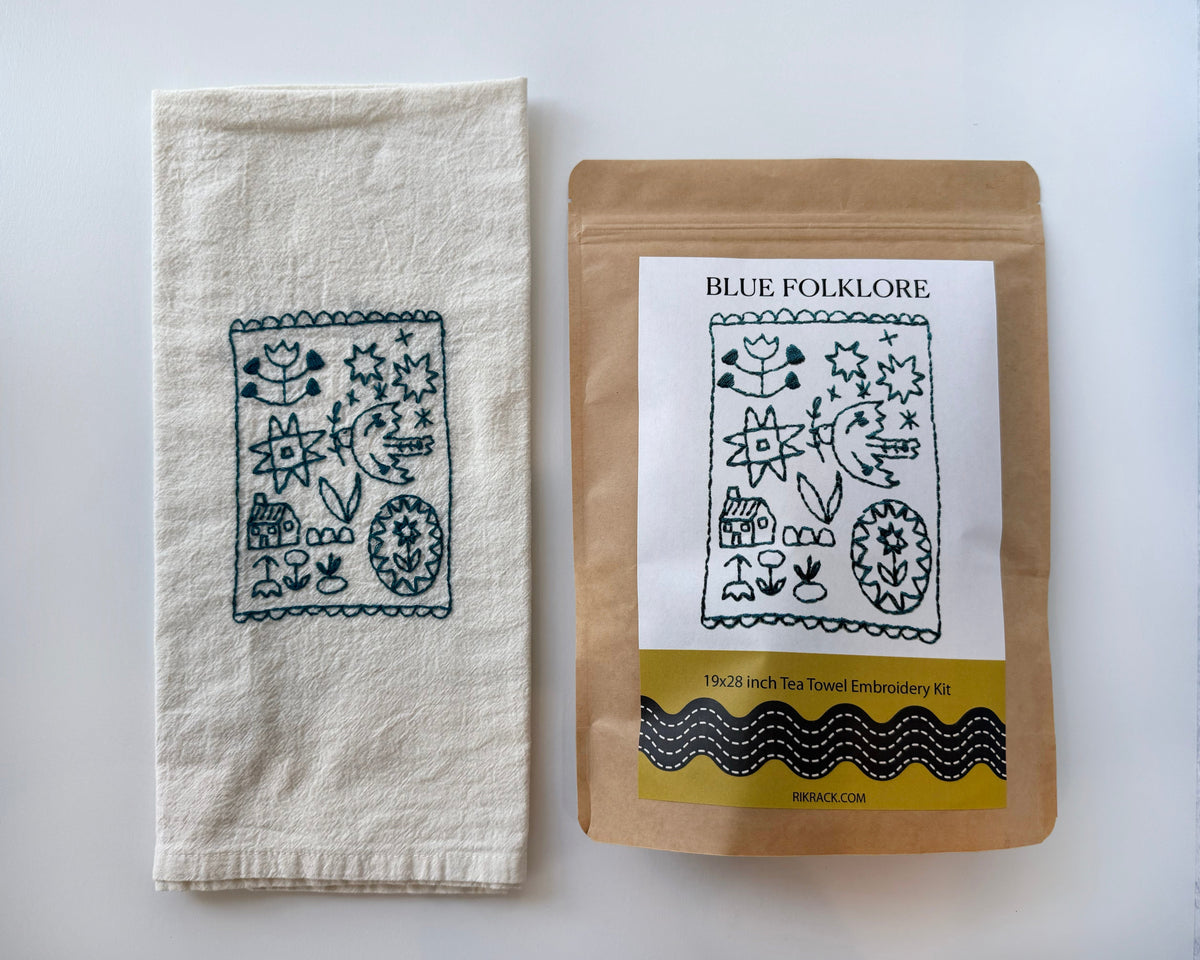 Blue Folklore Tea Towel Embroidery Kit