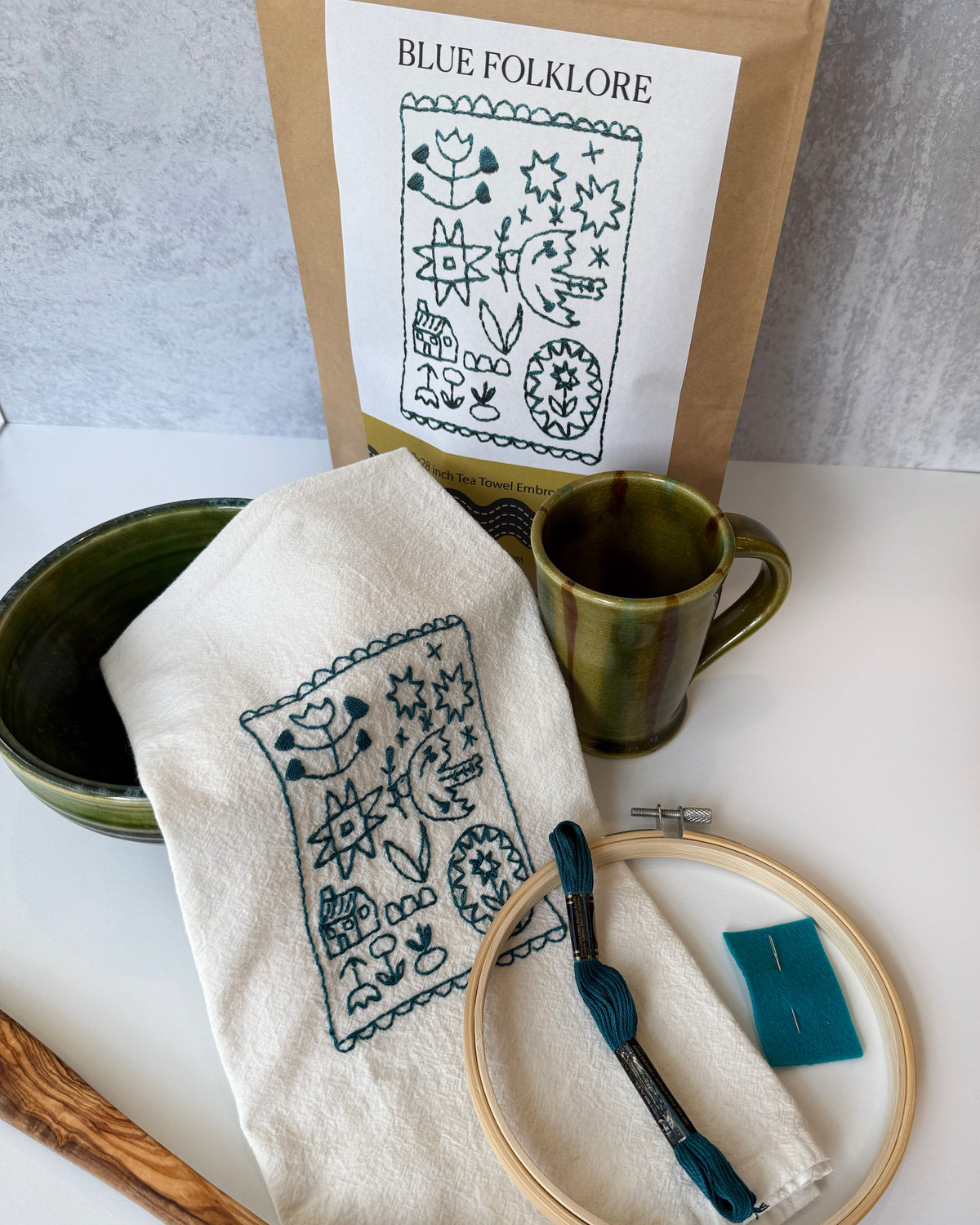 Blue Folklore Tea Towel Embroidery Kit