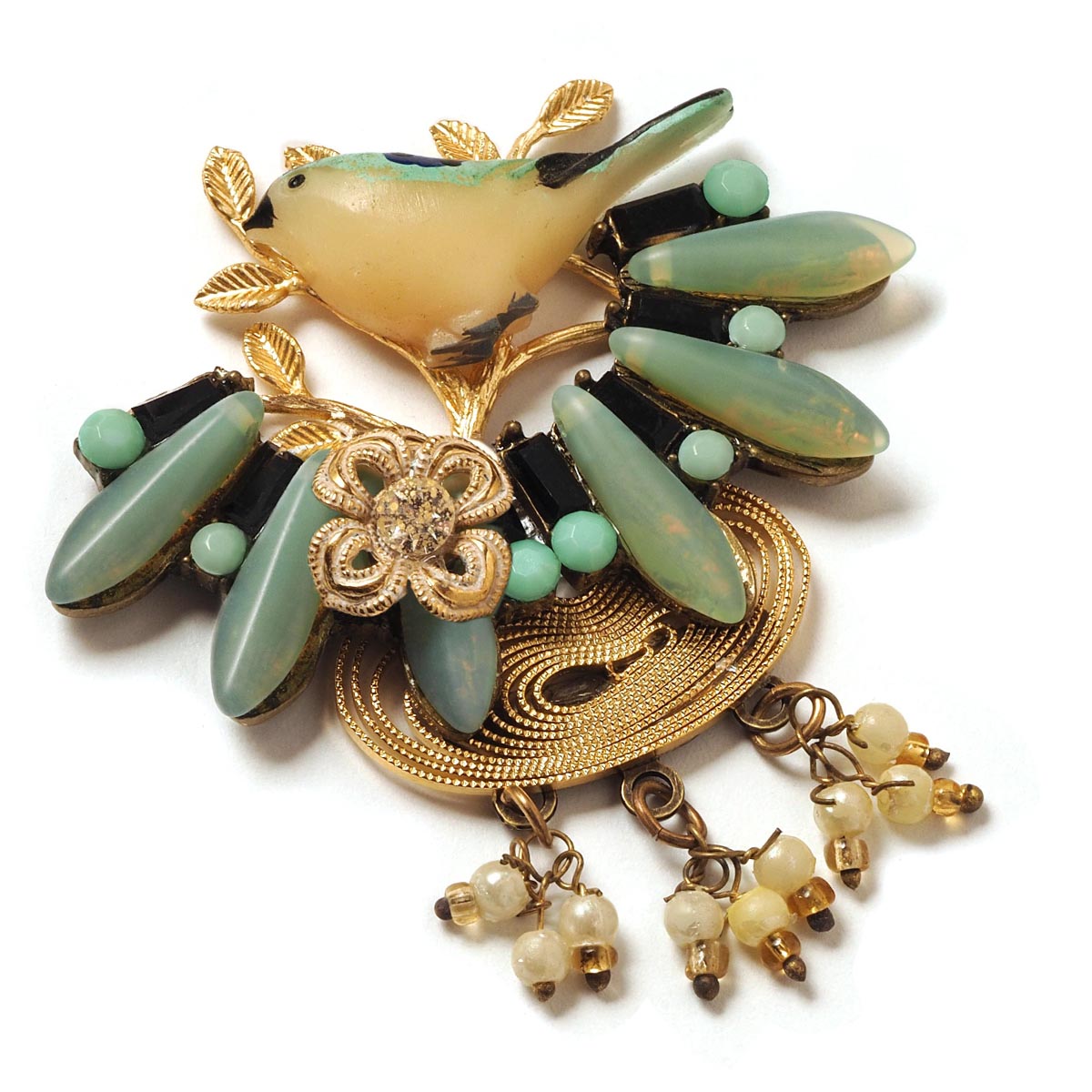 Little Bird on Golden Branch with Pearl Drops – Handmade Vintage Bird Brooch