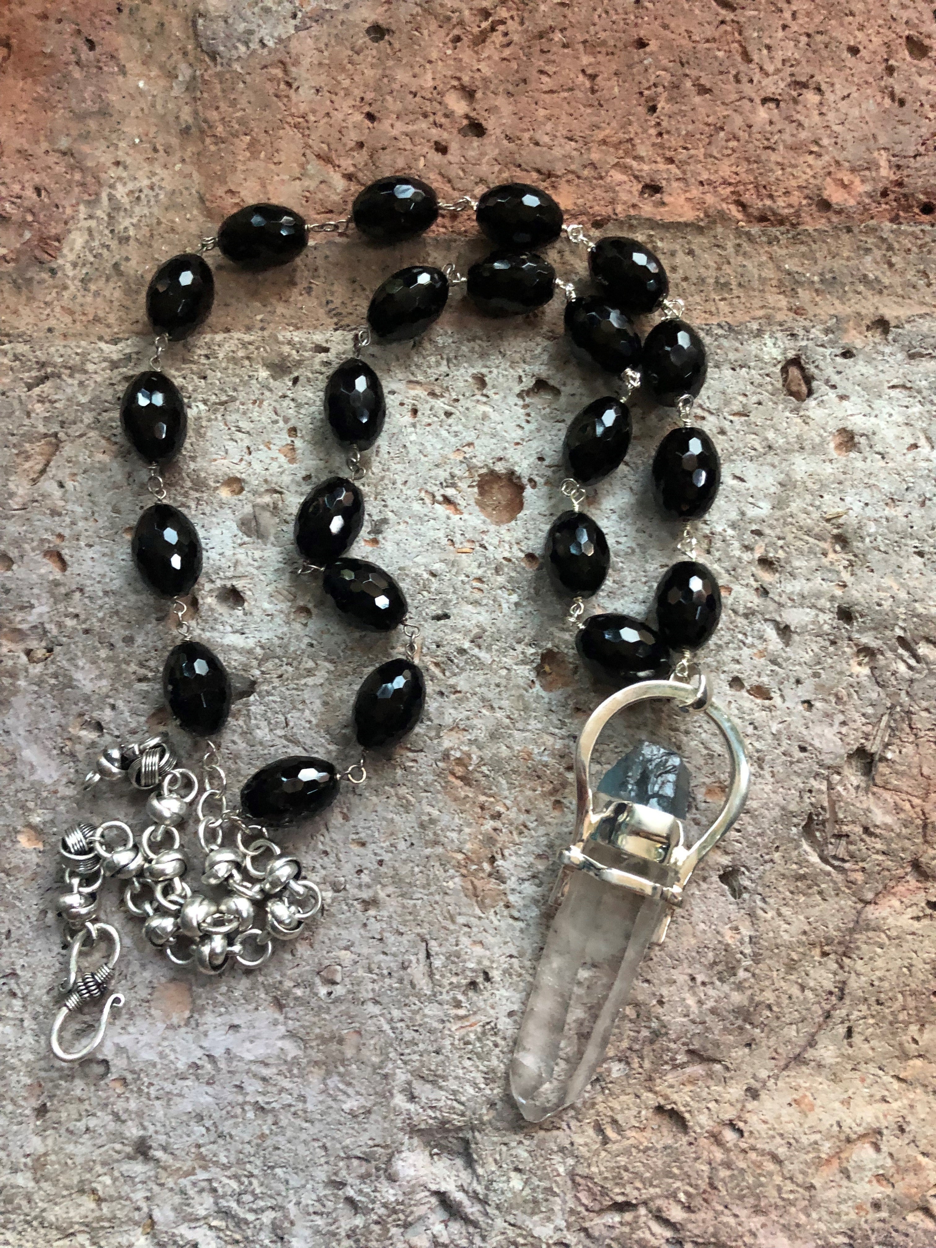 Onyx beaded necklace with Crystal and Fluorite Pendant