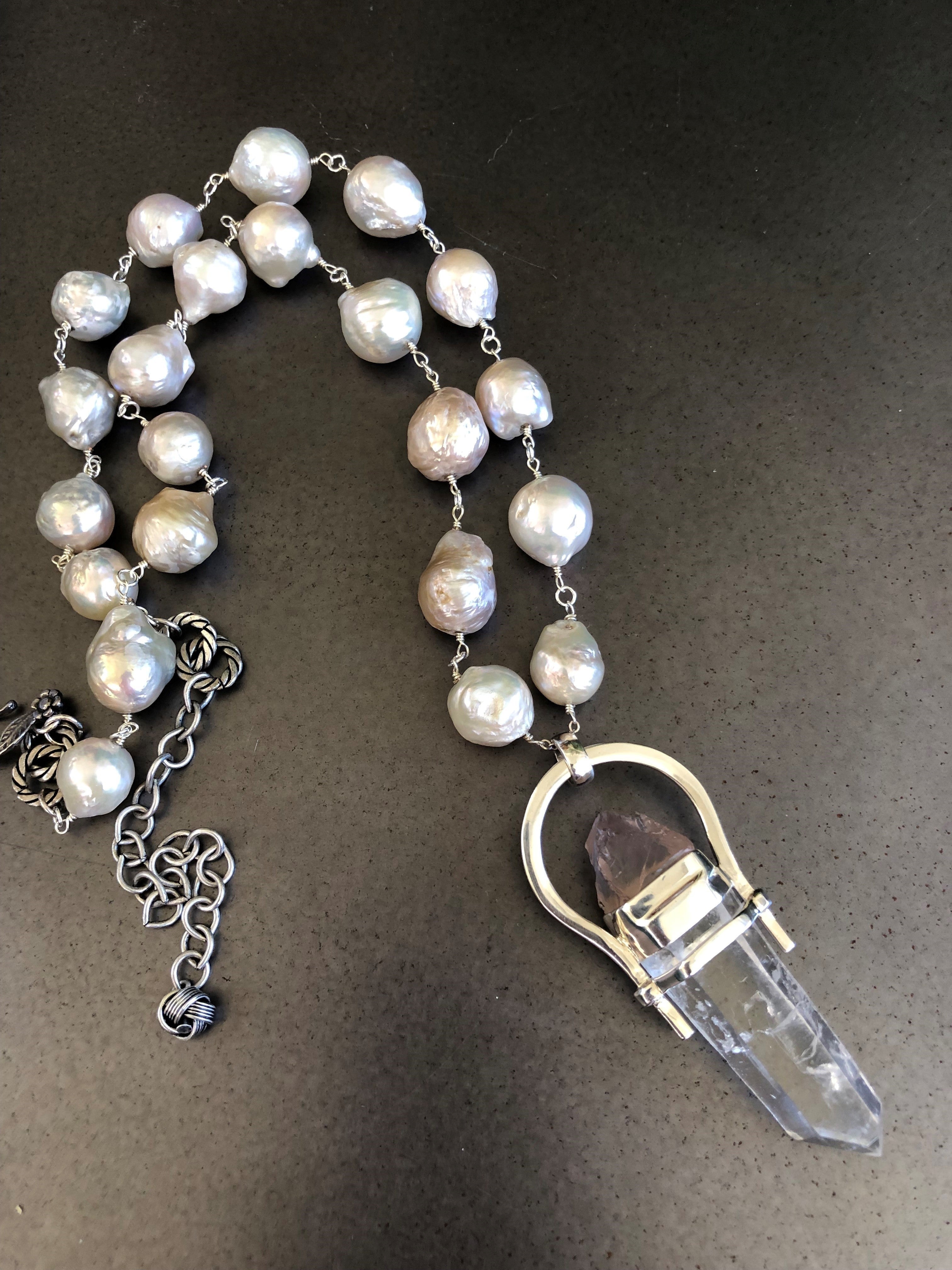 Baroque Pearl Necklace with Crystal and Rose Quartz Pendant