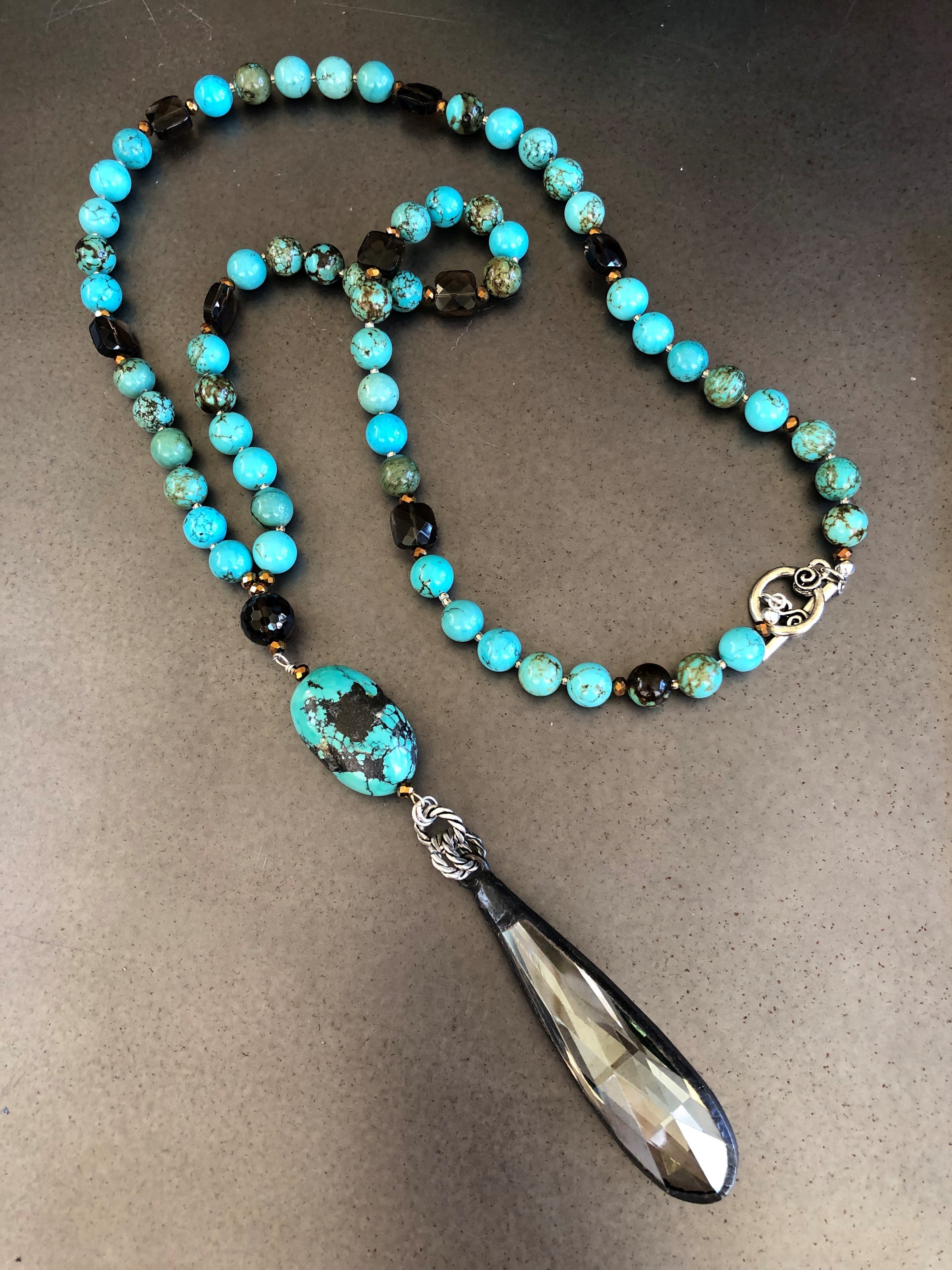 Turquoise and Smoky Quartz Necklace with a Crystal Pendant