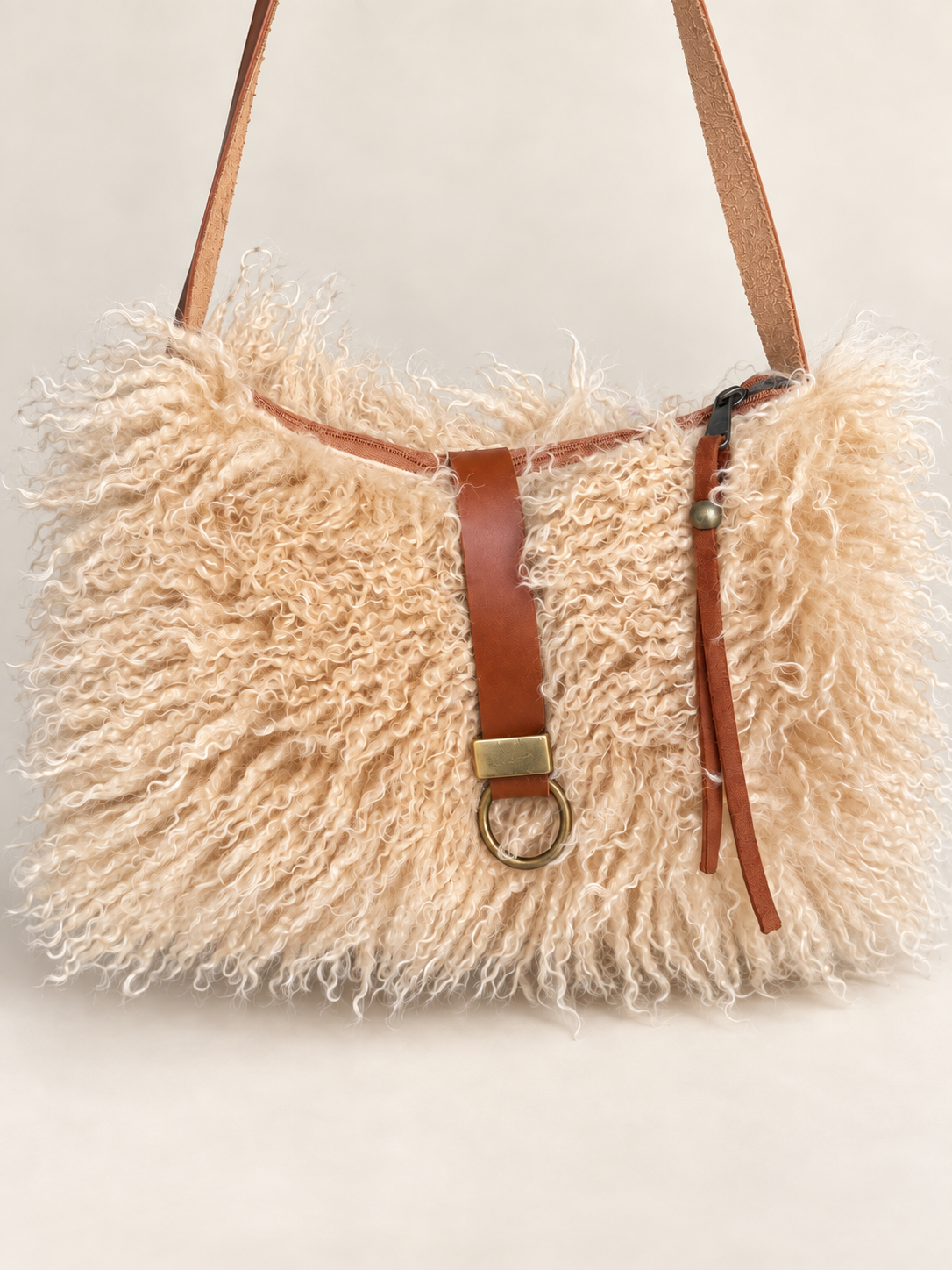Butterscotch Tall Lulu, Faux Fur Handbag with Leather Toggle